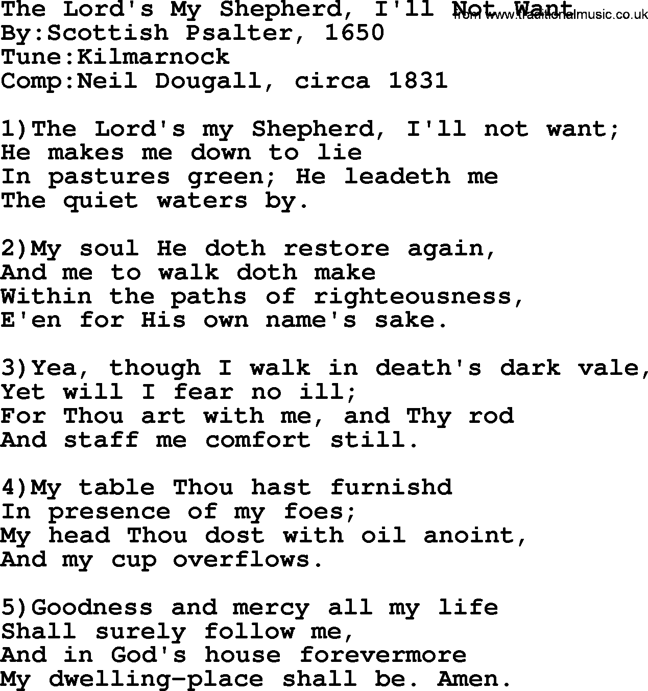 Methodist Hymn: The Lord's My Shepherd, I'll Not Want, lyrics