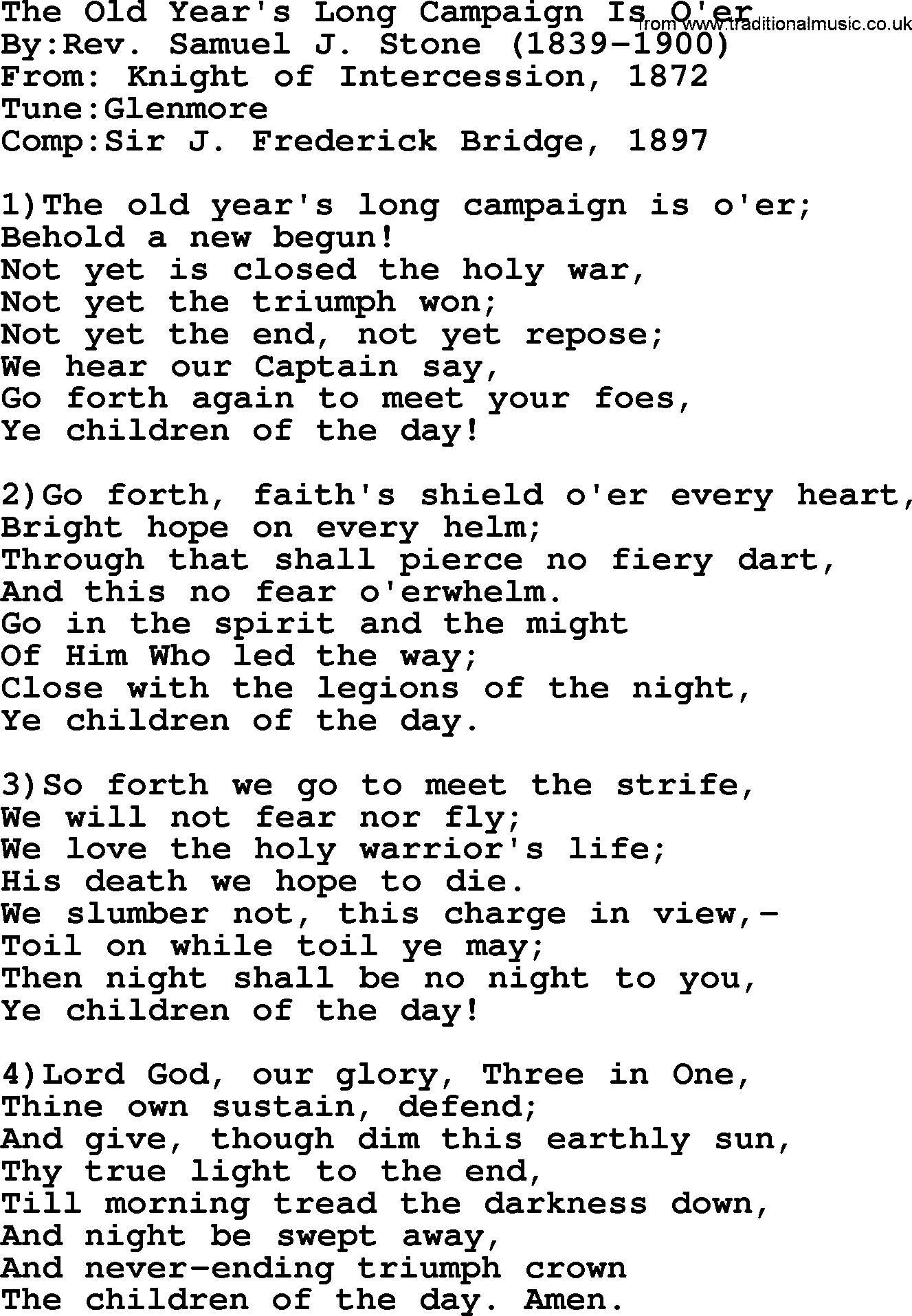 Methodist Hymn: The Old Year's Long Campaign Is O'er, lyrics