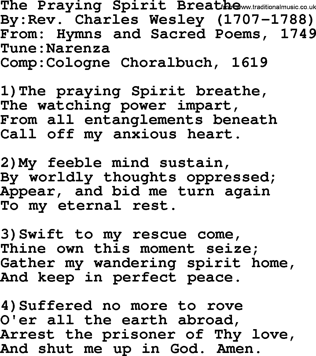 Methodist Hymn: The Praying Spirit Breathe, lyrics