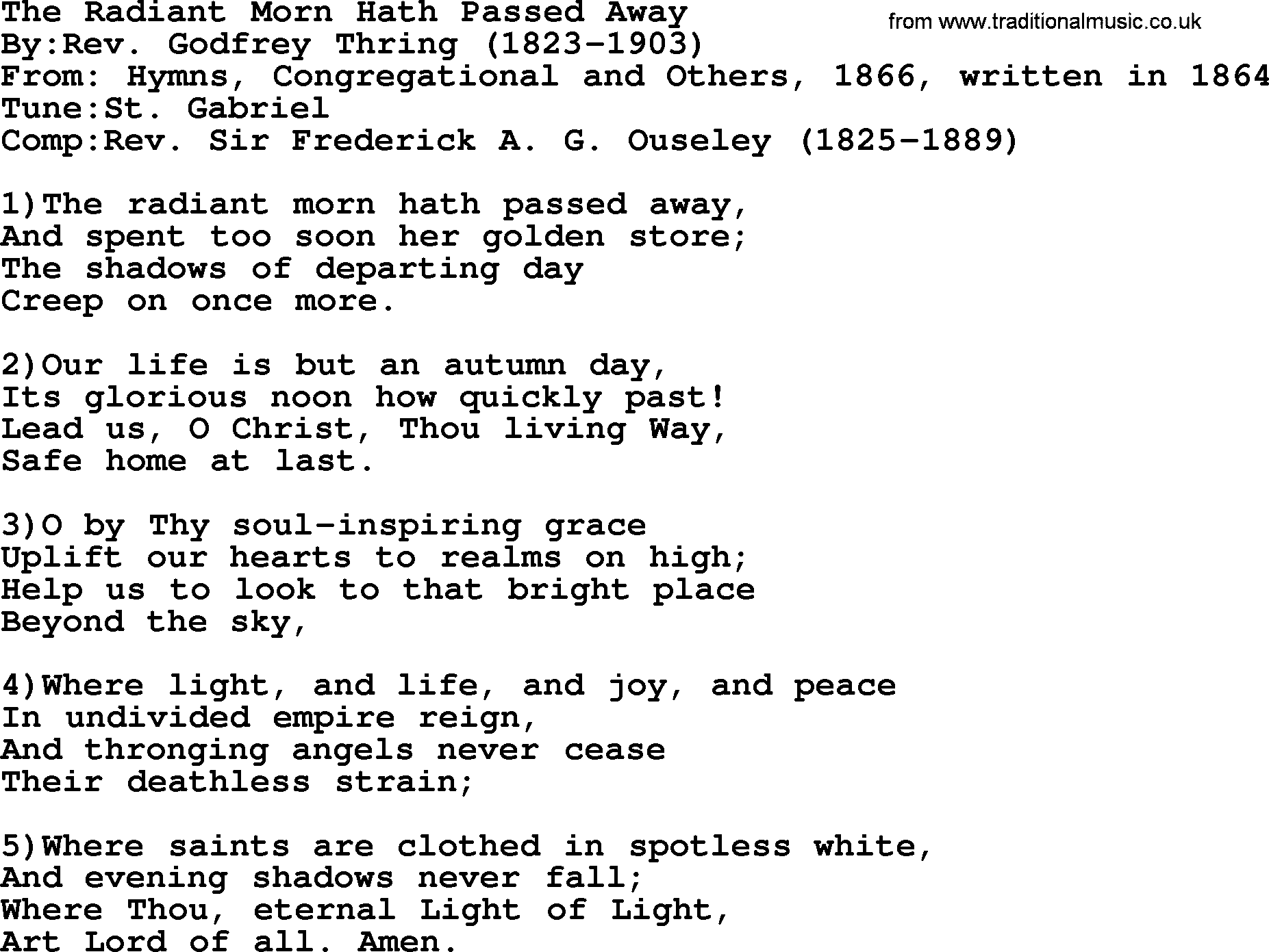 Methodist Hymn: The Radiant Morn Hath Passed Away, lyrics