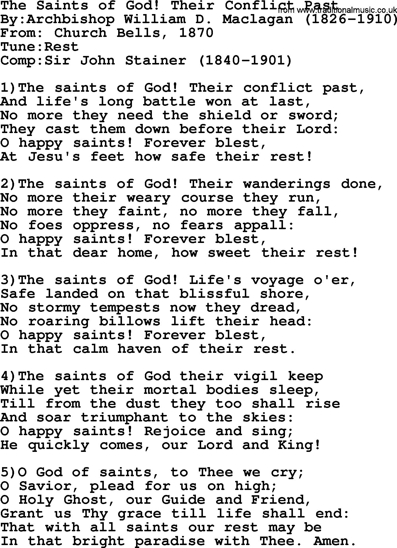 Methodist Hymn: The Saints Of God! Their Conflict Past, lyrics
