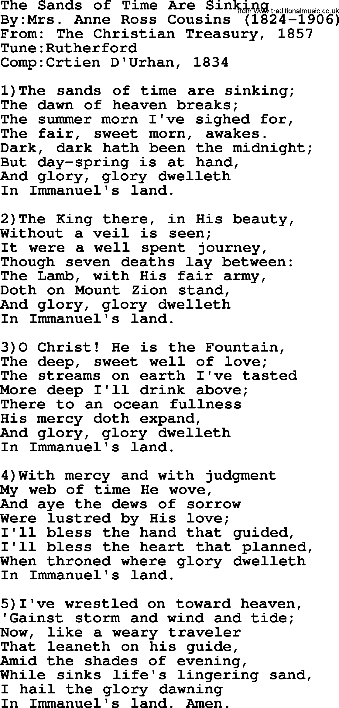 Methodist Hymn: The Sands Of Time Are Sinking, lyrics