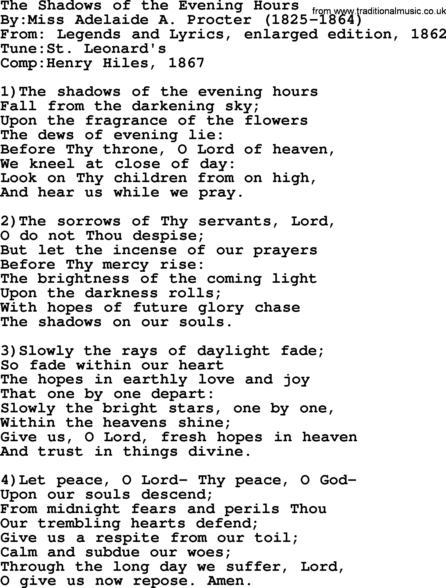 Methodist Hymn: The Shadows Of The Evening Hours, lyrics