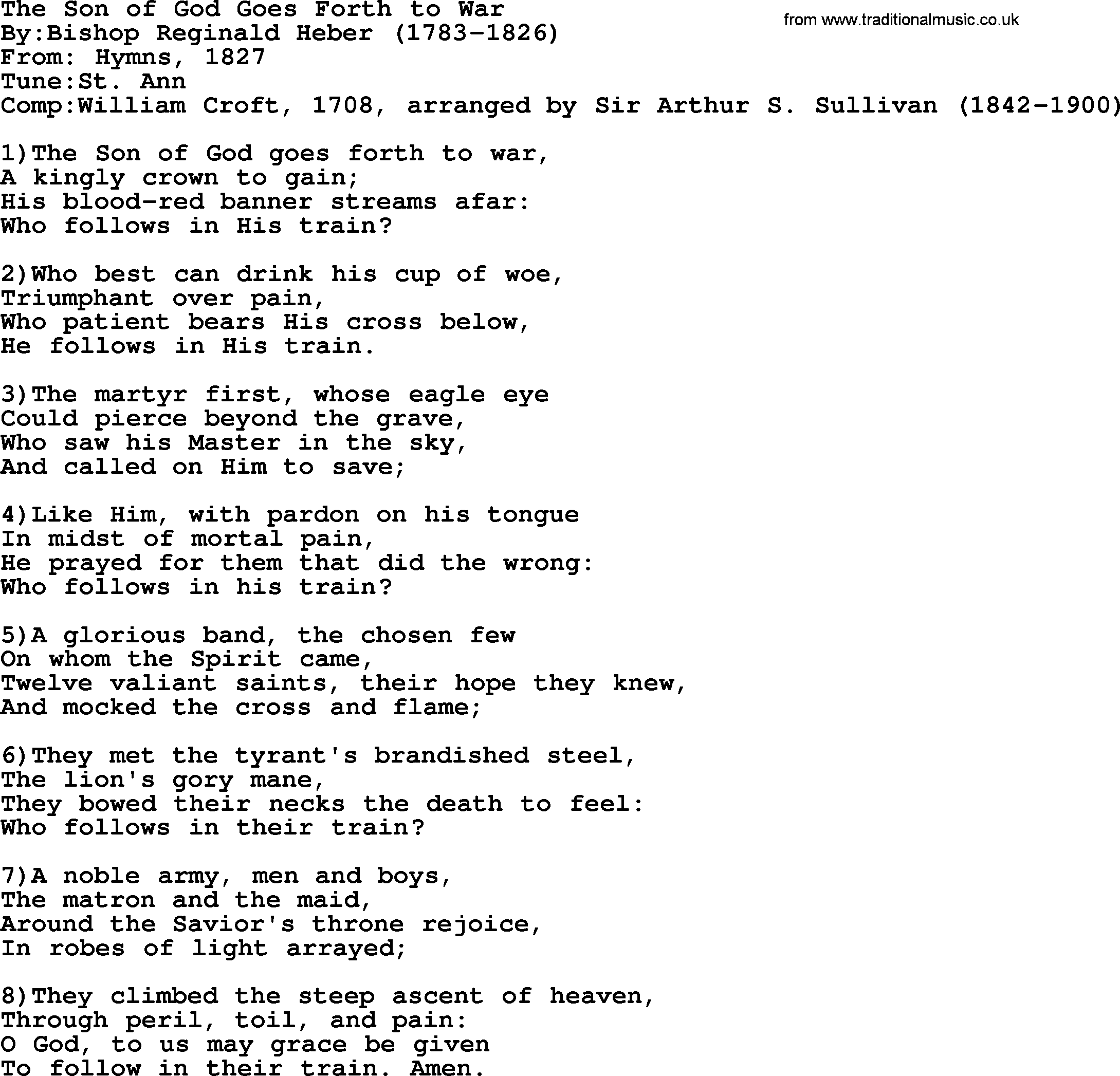 Methodist Hymn: The Son Of God Goes Forth To War, lyrics