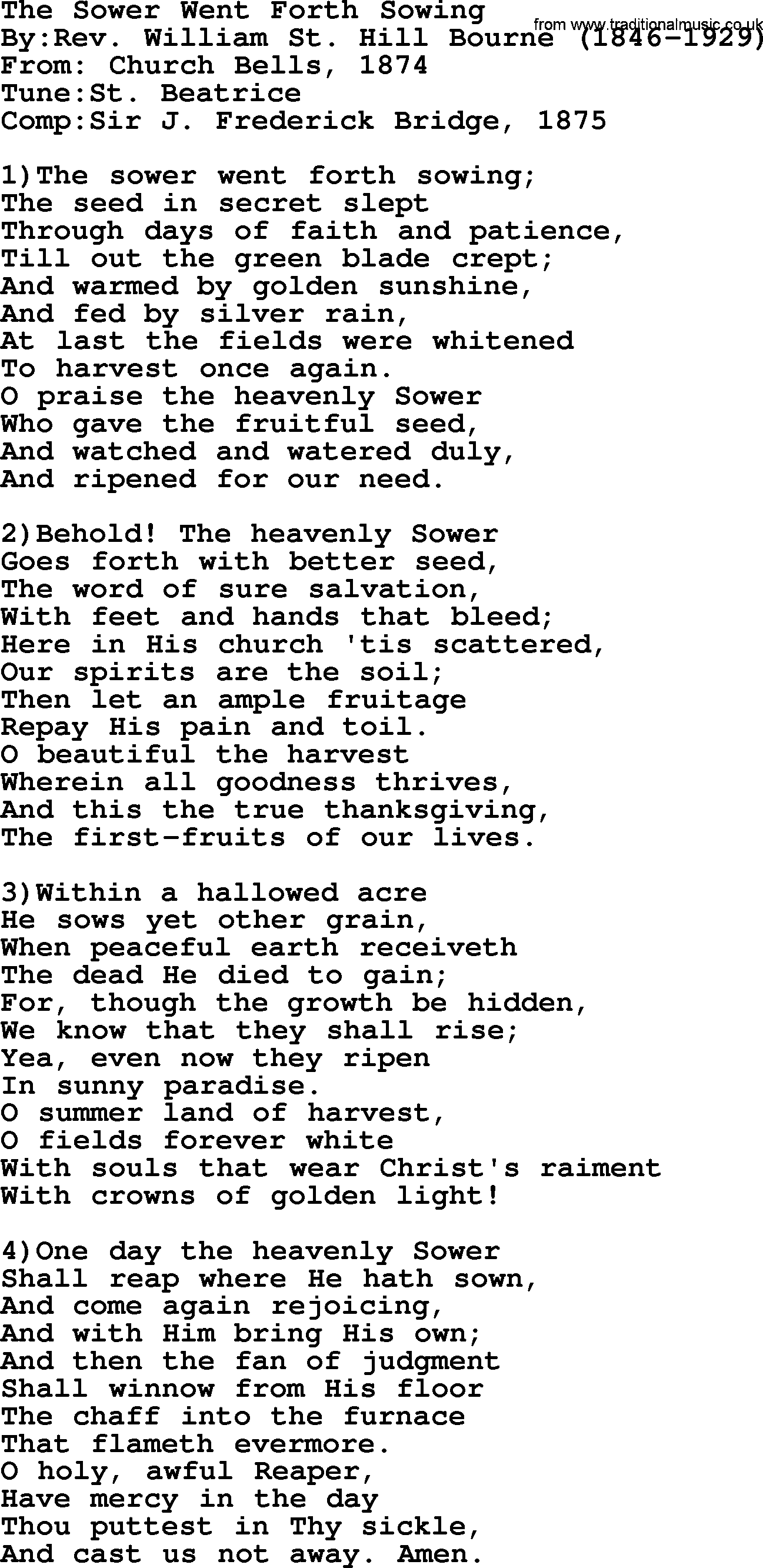 Methodist Hymn: The Sower Went Forth Sowing, lyrics