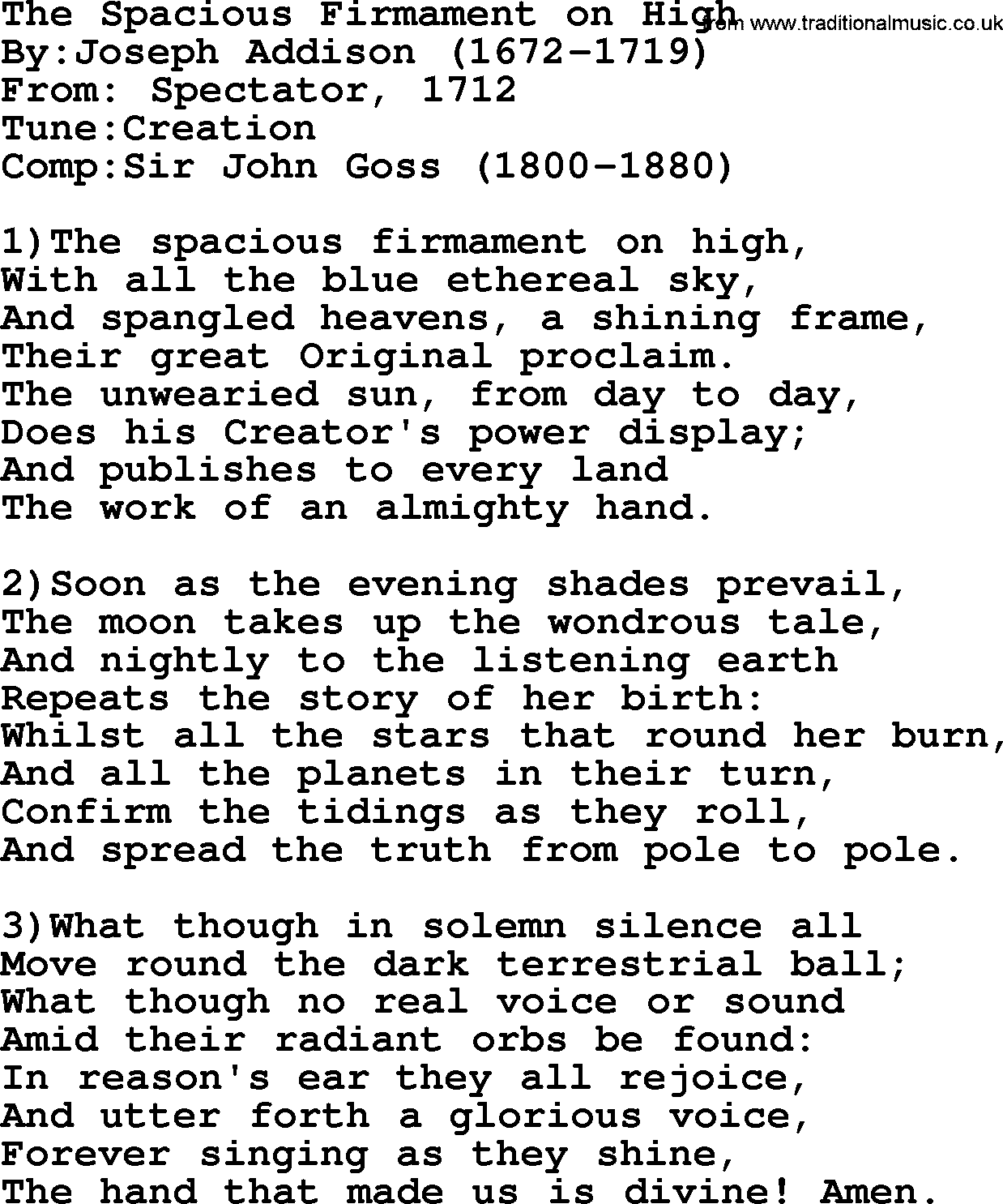 Methodist Hymn: The Spacious Firmament On High, lyrics
