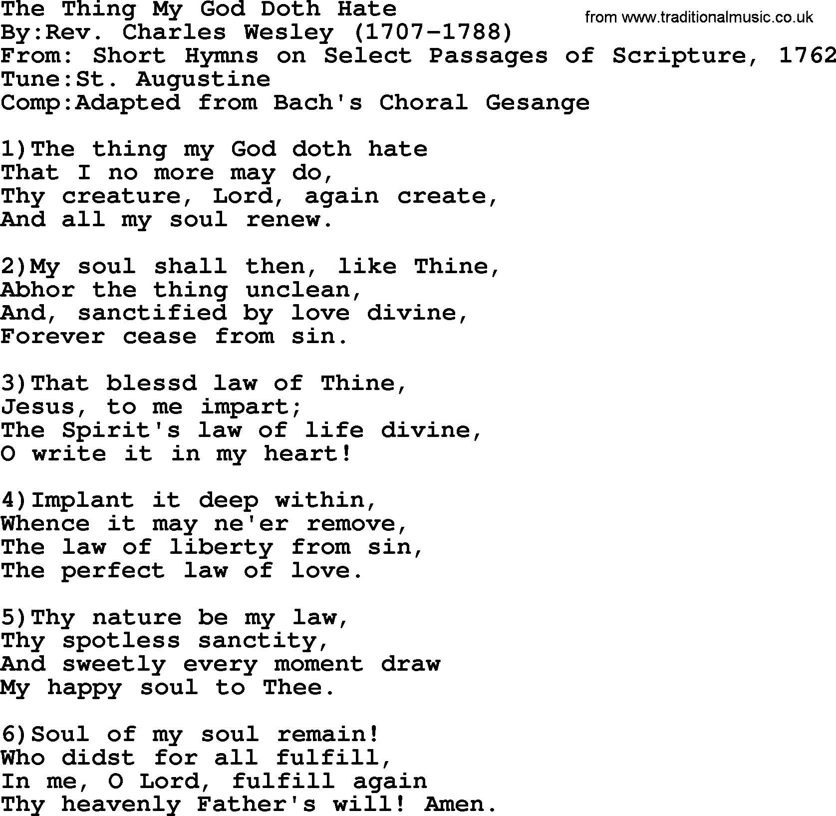 Methodist Hymn: The Thing My God Doth Hate, lyrics