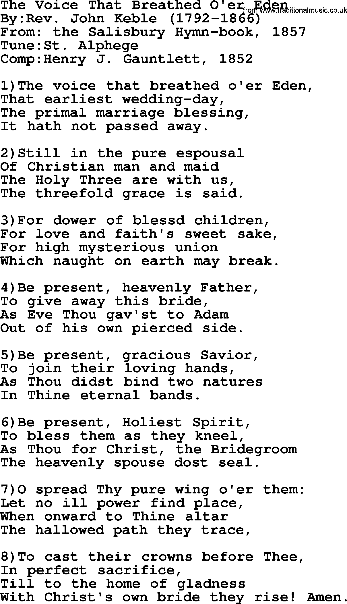 Methodist Hymn: The Voice That Breathed O'er Eden, lyrics