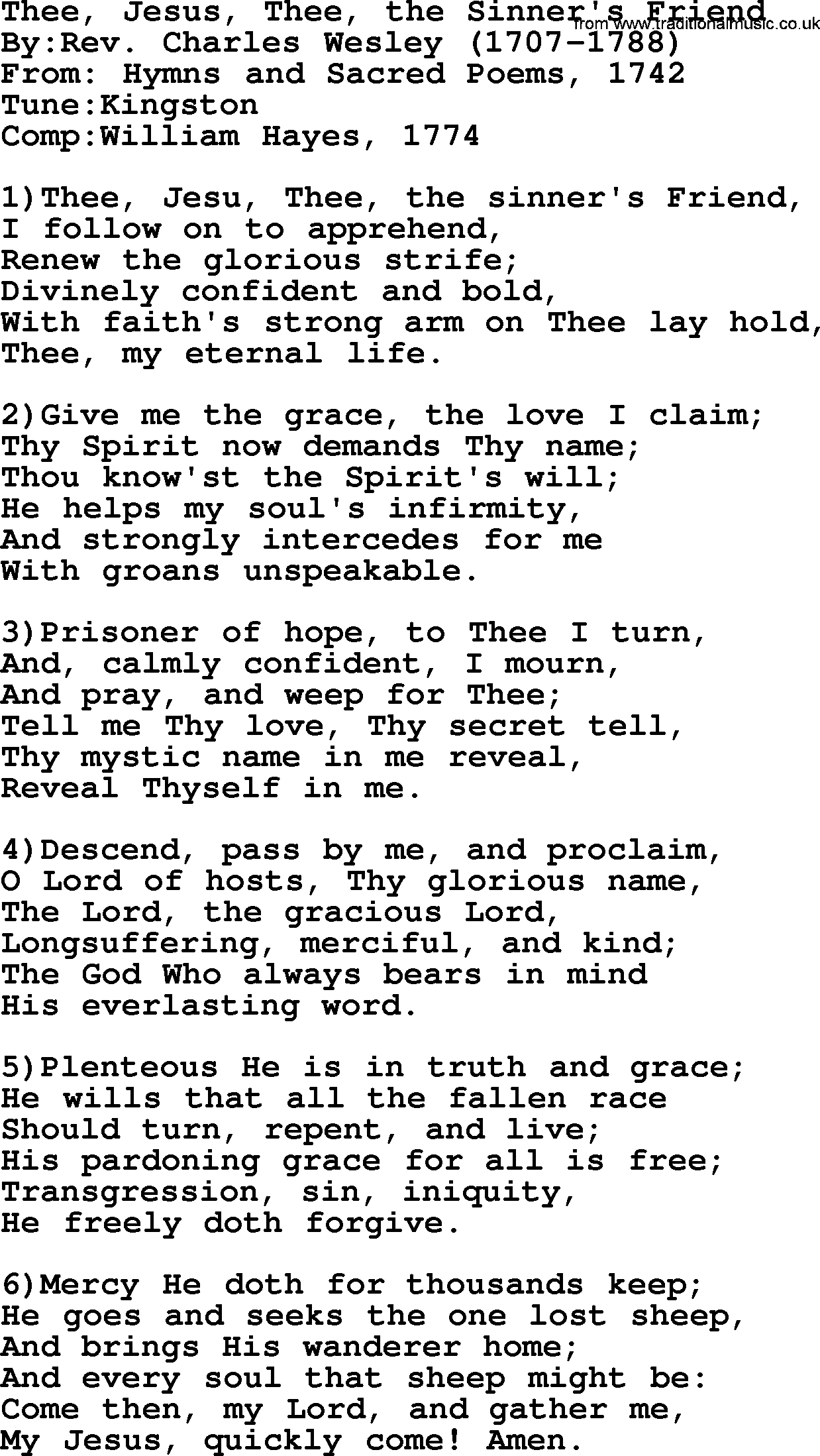 Methodist Hymn: Thee, Jesus, Thee, The Sinner's Friend, lyrics