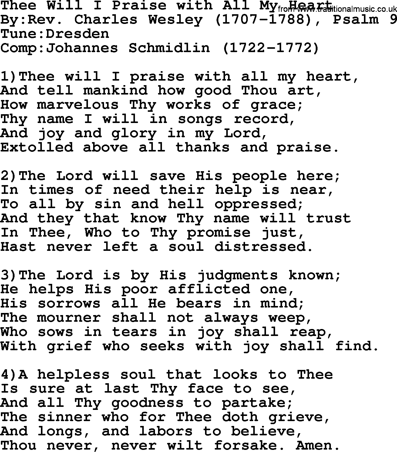 Methodist Hymn: Thee Will I Praise With All My Heart, lyrics