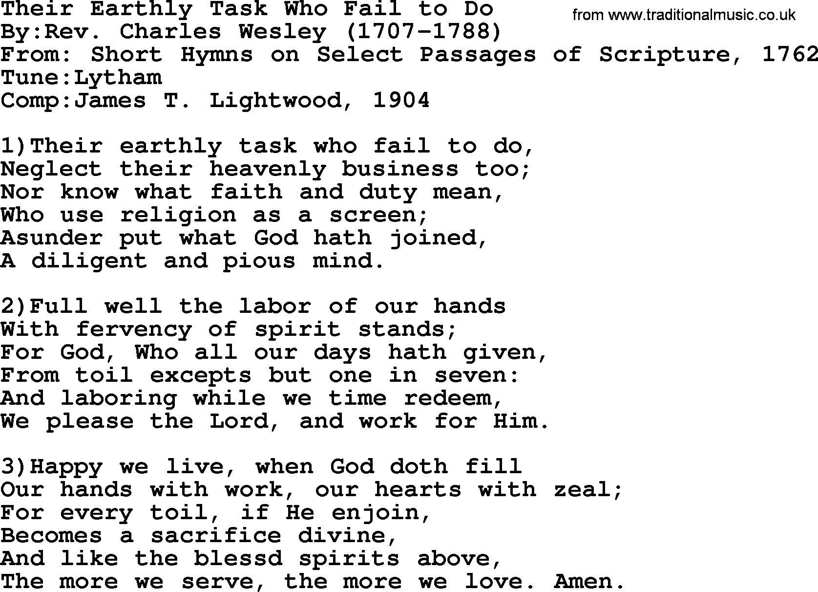 Methodist Hymn: Their Earthly Task Who Fail To Do, lyrics