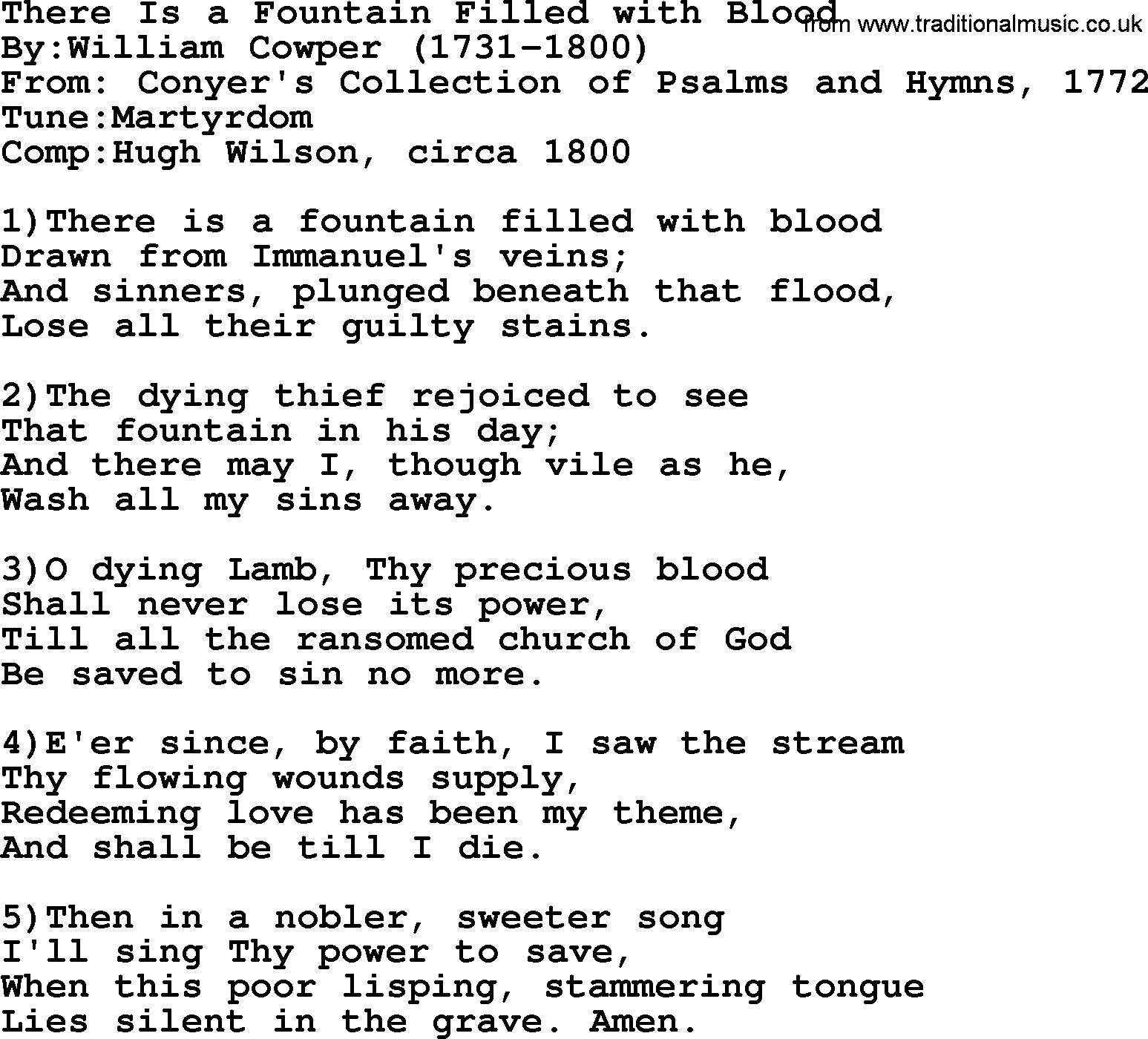 Methodist Hymn: There Is A Fountain Filled With Blood, lyrics