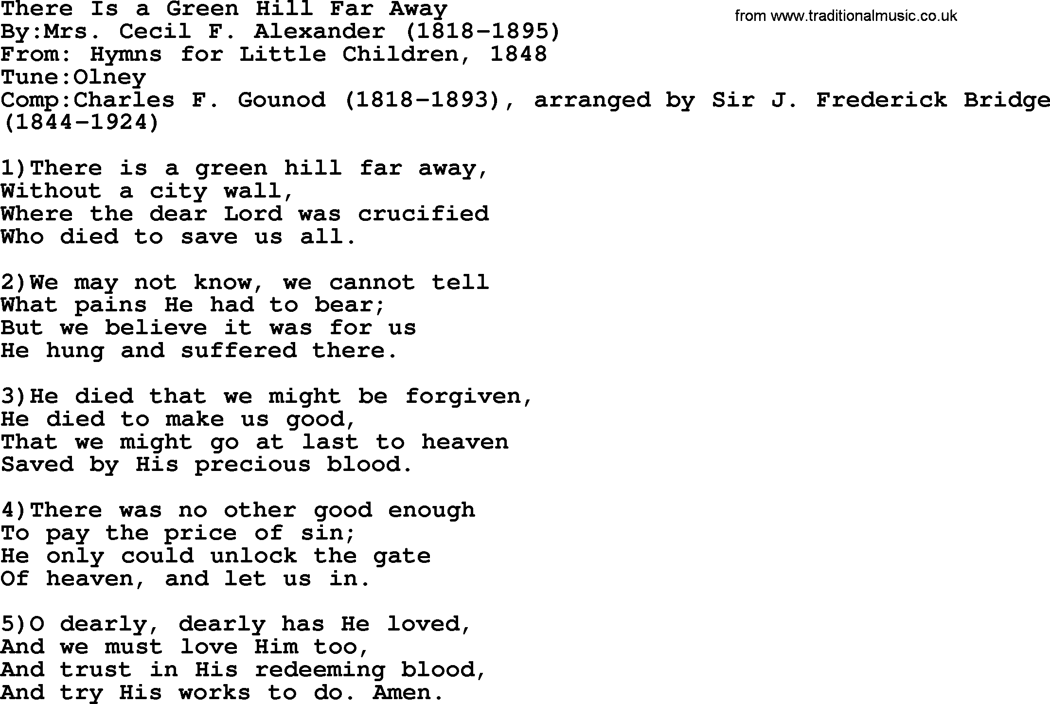 Methodist Hymn: There Is A Green Hill Far Away, lyrics