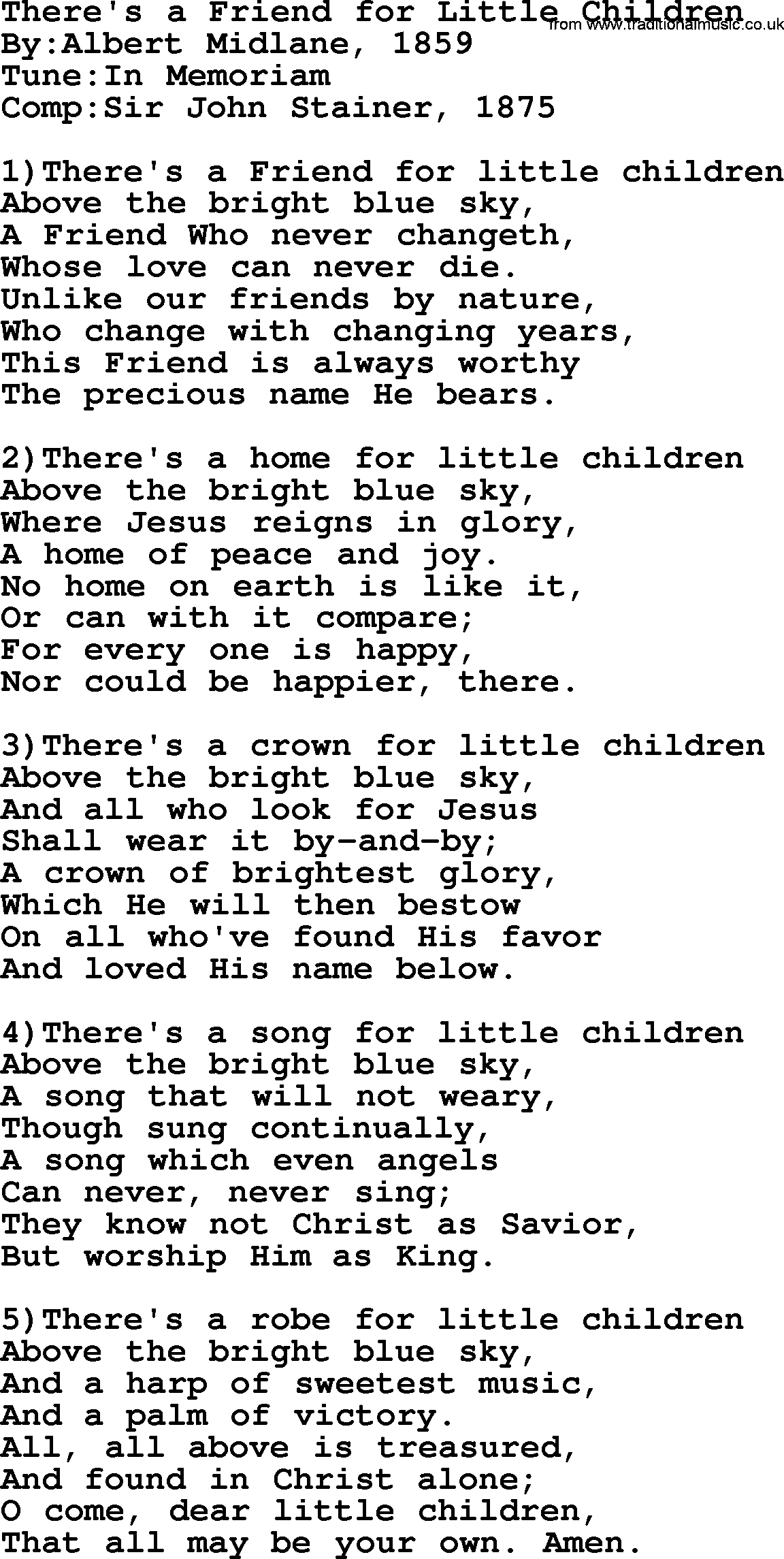 Methodist Hymn: There's A Friend For Little Children, lyrics