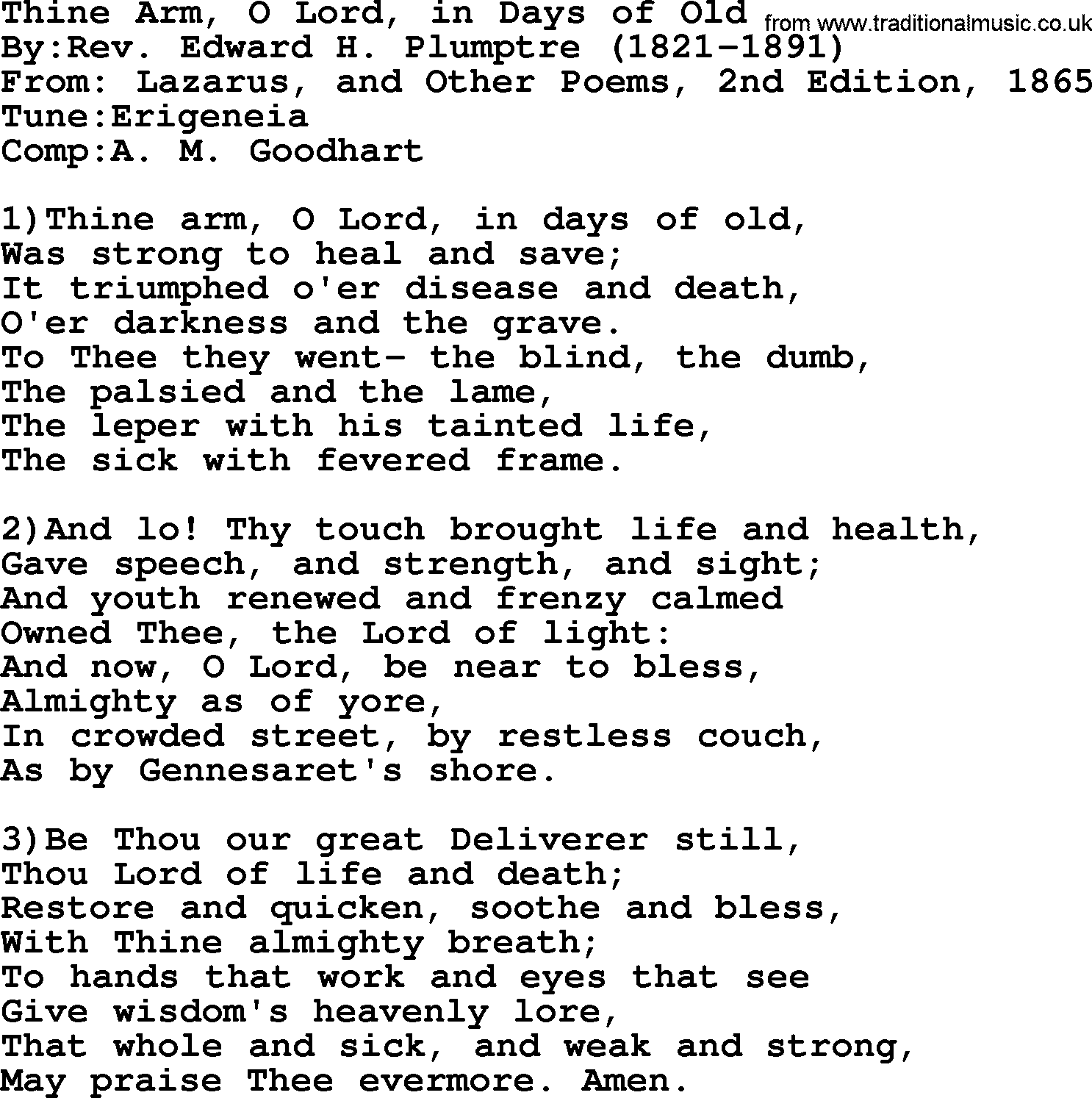 Methodist Hymn: Thine Arm, O Lord, In Days Of Old, lyrics