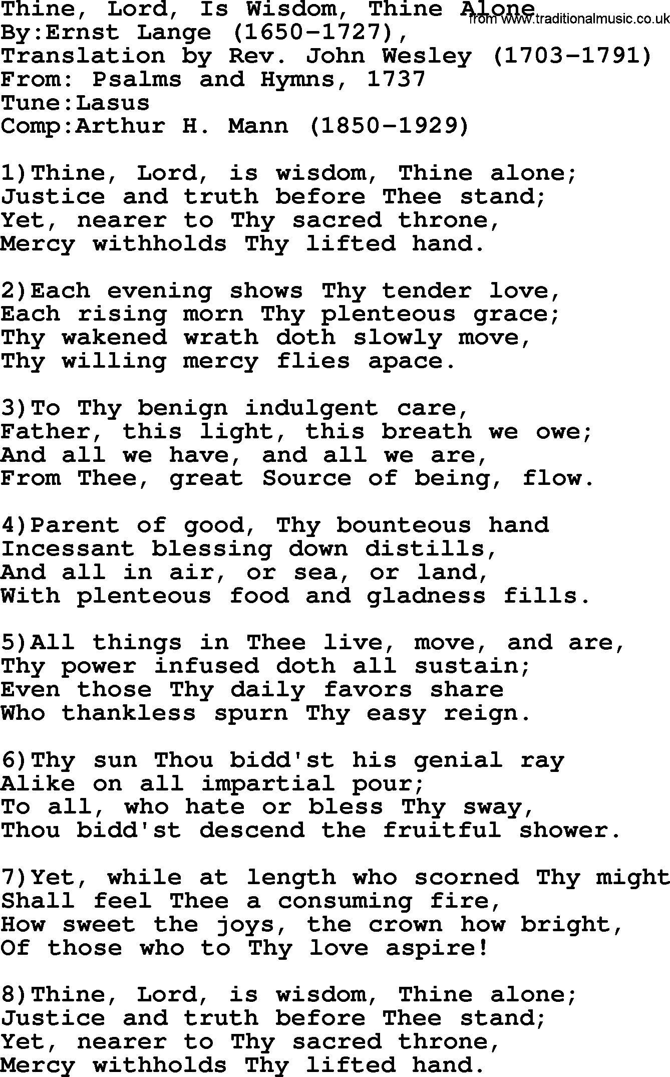 Methodist Hymn: Thine, Lord, Is Wisdom, Thine Alone, lyrics