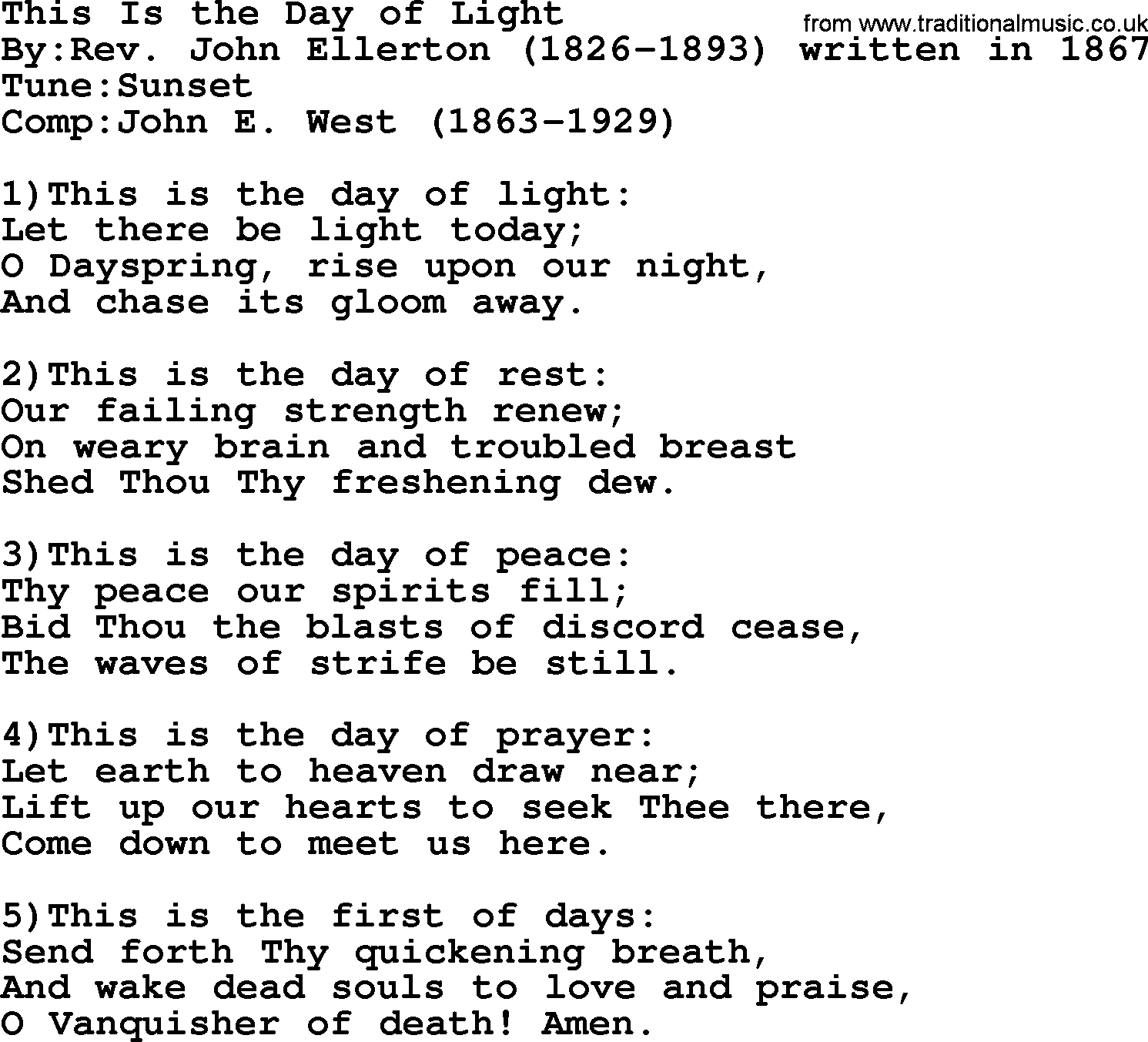 Methodist Hymn: This Is The Day Of Light, lyrics