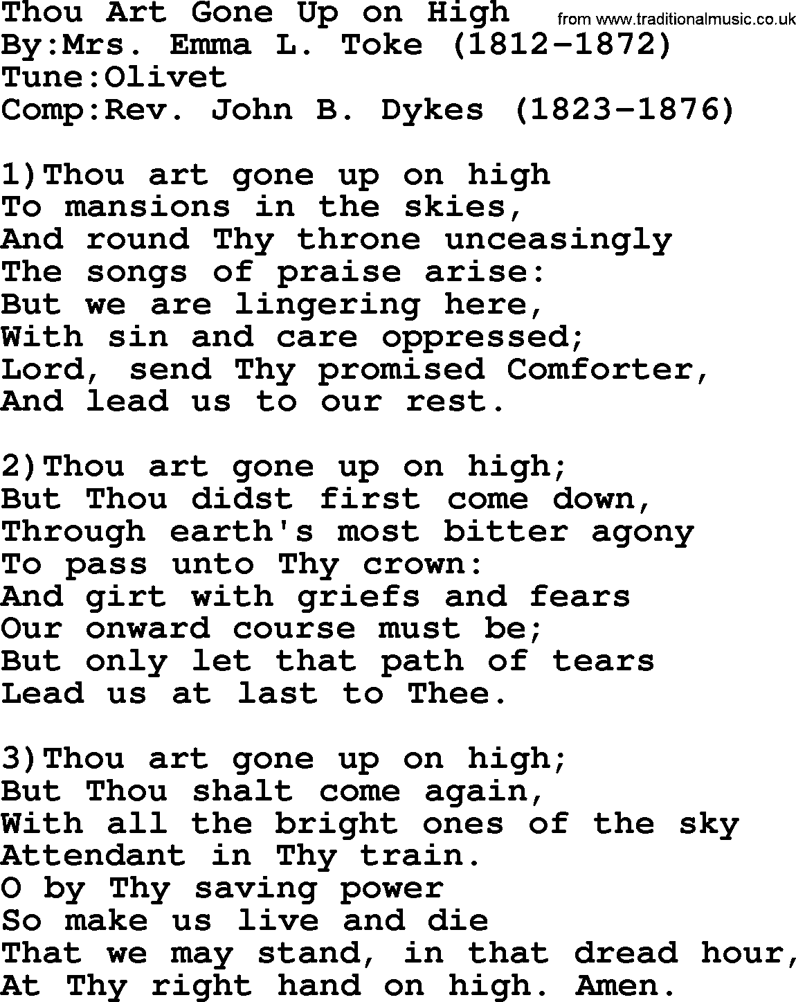 Methodist Hymn: Thou Art Gone Up On High, lyrics