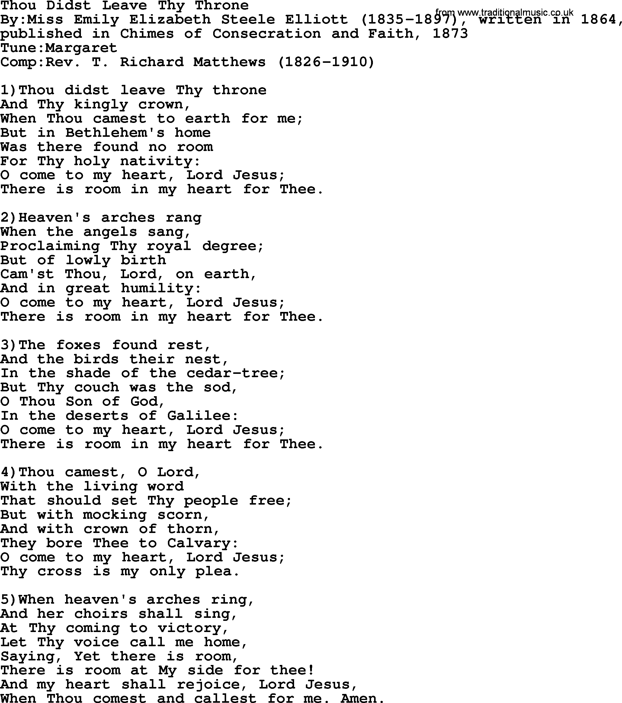 Methodist Hymn: Thou Didst Leave Thy Throne, lyrics