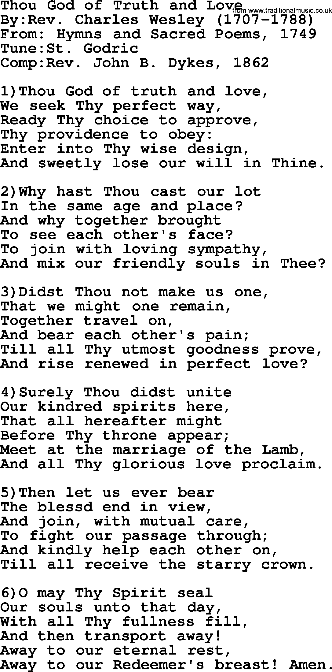 Methodist Hymn: Thou God Of Truth And Love, lyrics