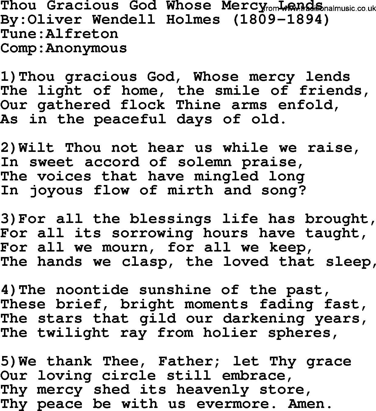 Methodist Hymn: Thou Gracious God Whose Mercy Lends, lyrics