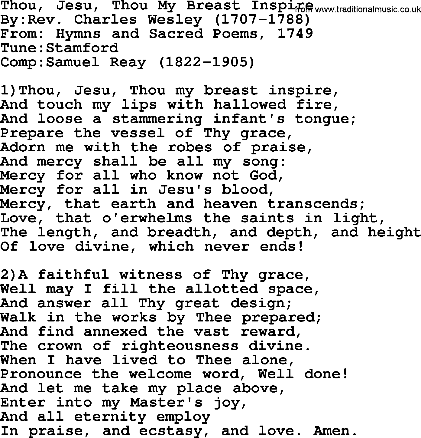 Methodist Hymn: Thou, Jesu, Thou My Breast Inspire, lyrics