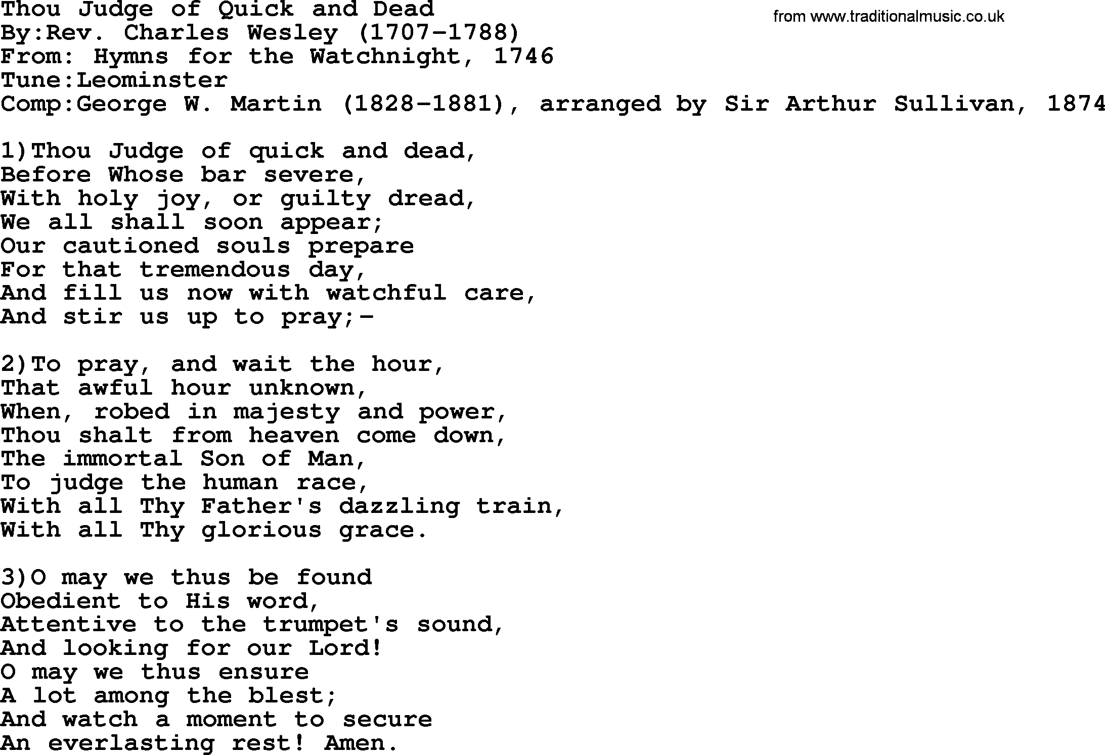 Methodist Hymn: Thou Judge Of Quick And Dead, lyrics