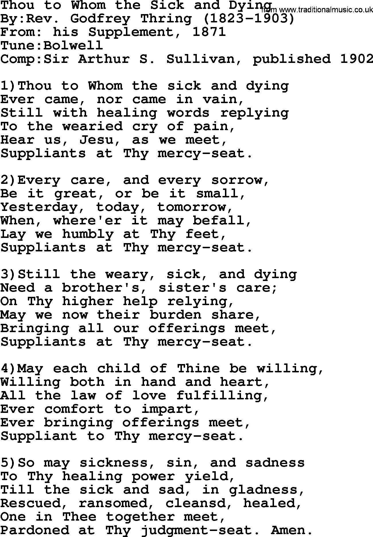Methodist Hymn: Thou To Whom The Sick And Dying, lyrics