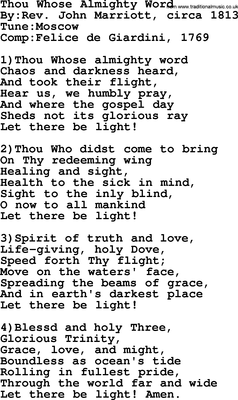 Methodist Hymn: Thou Whose Almighty Word, lyrics