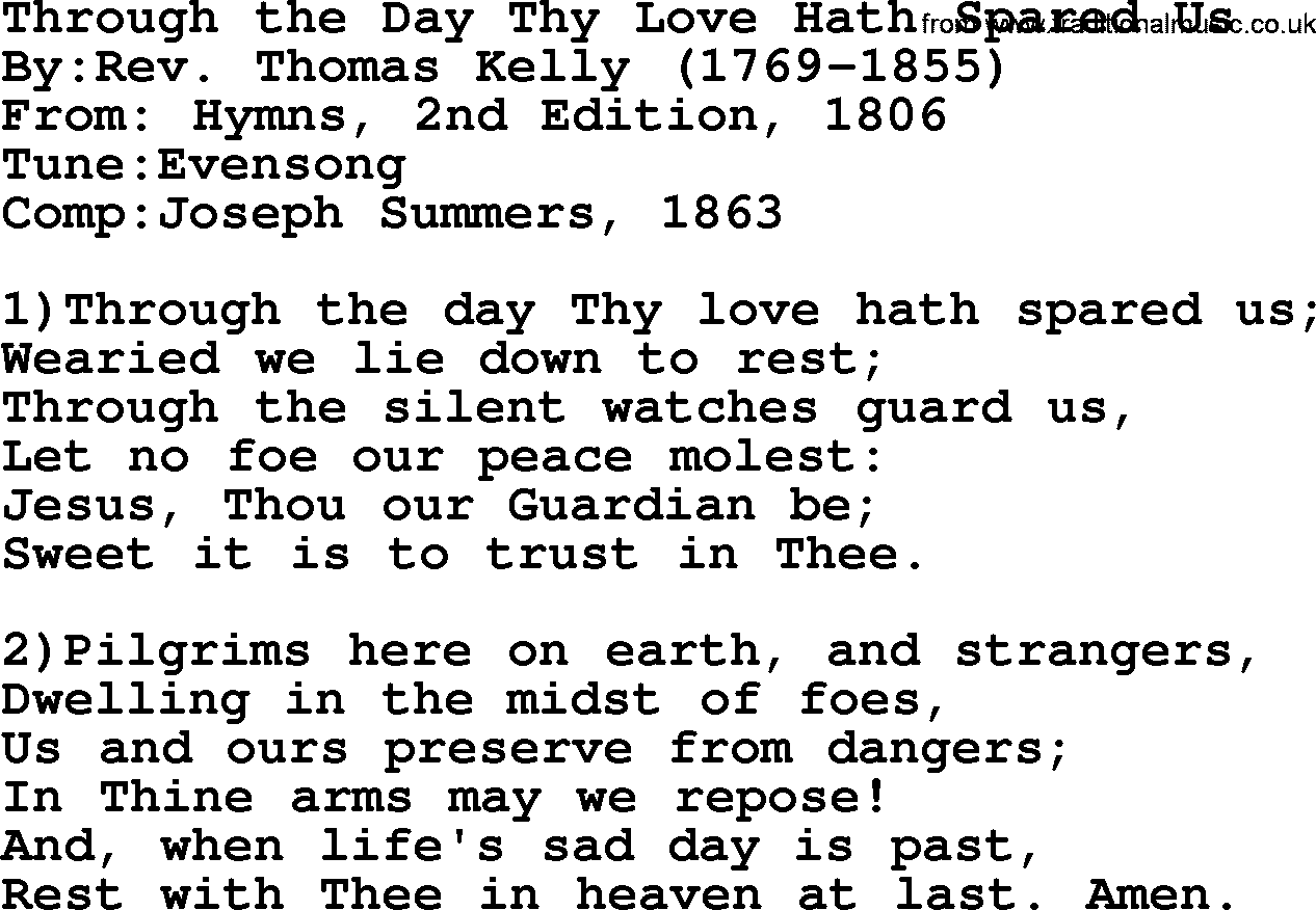Methodist Hymn: Through The Day Thy Love Hath Spared Us, lyrics
