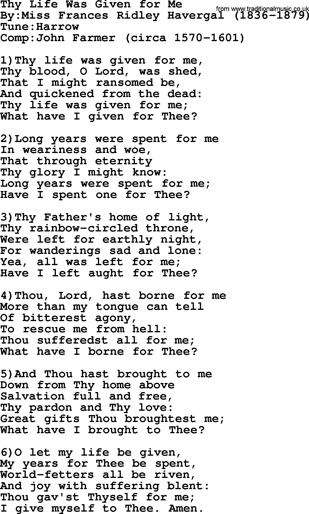 Methodist Hymn: Thy Life Was Given For Me, lyrics