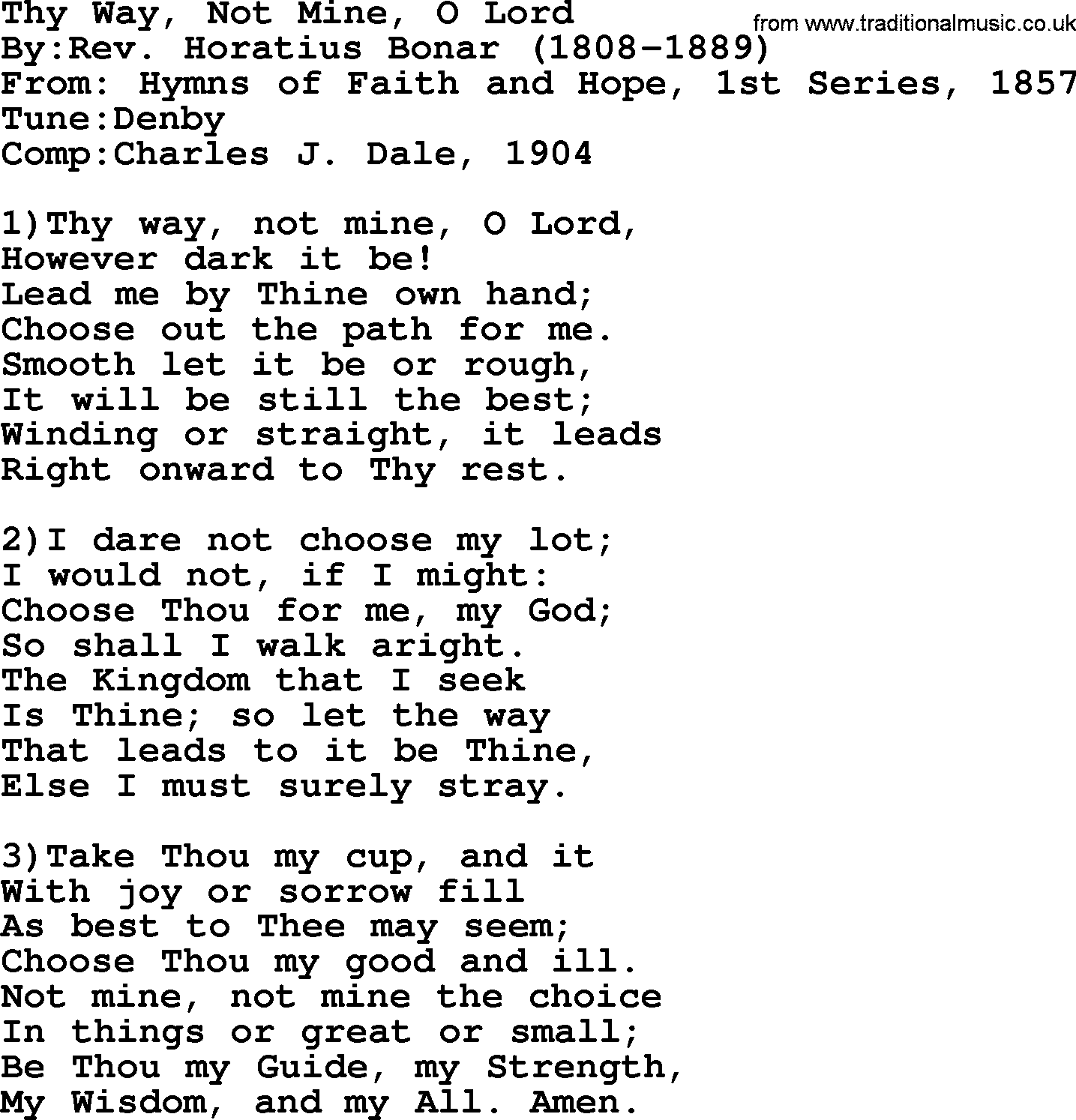 Methodist Hymn: Thy Way, Not Mine, O Lord, lyrics