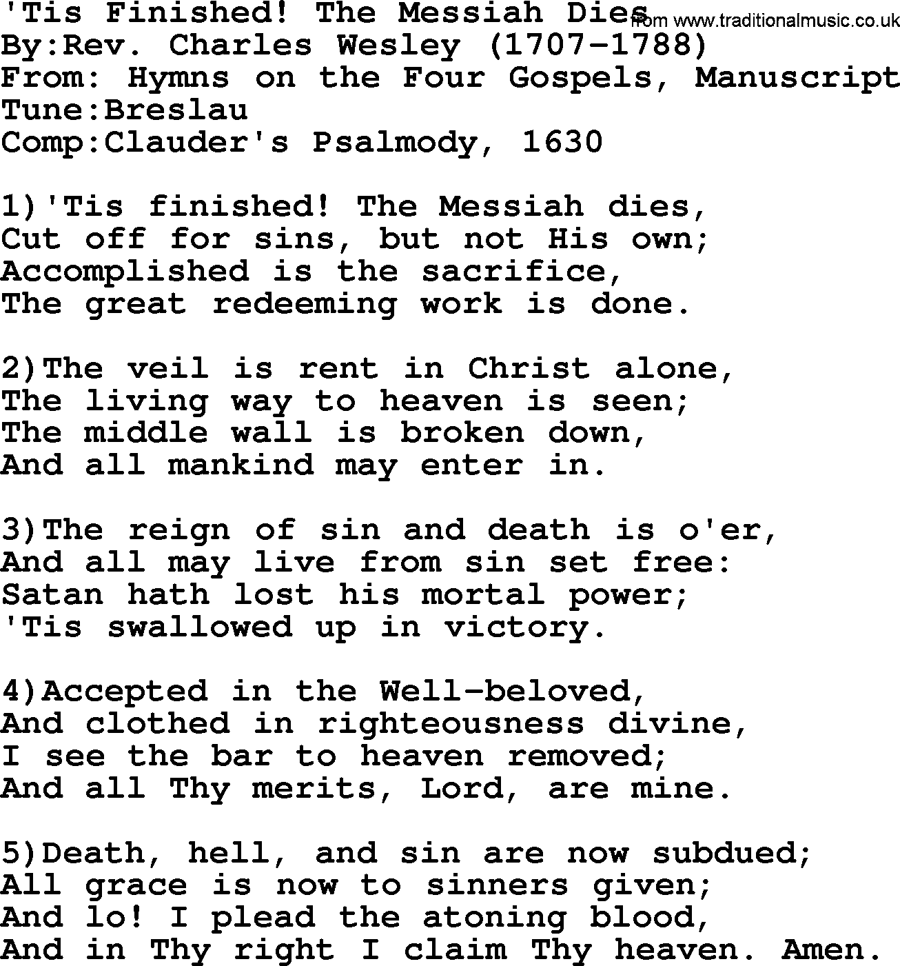 Methodist Hymn: Tis Finished! The Messiah Dies, lyrics