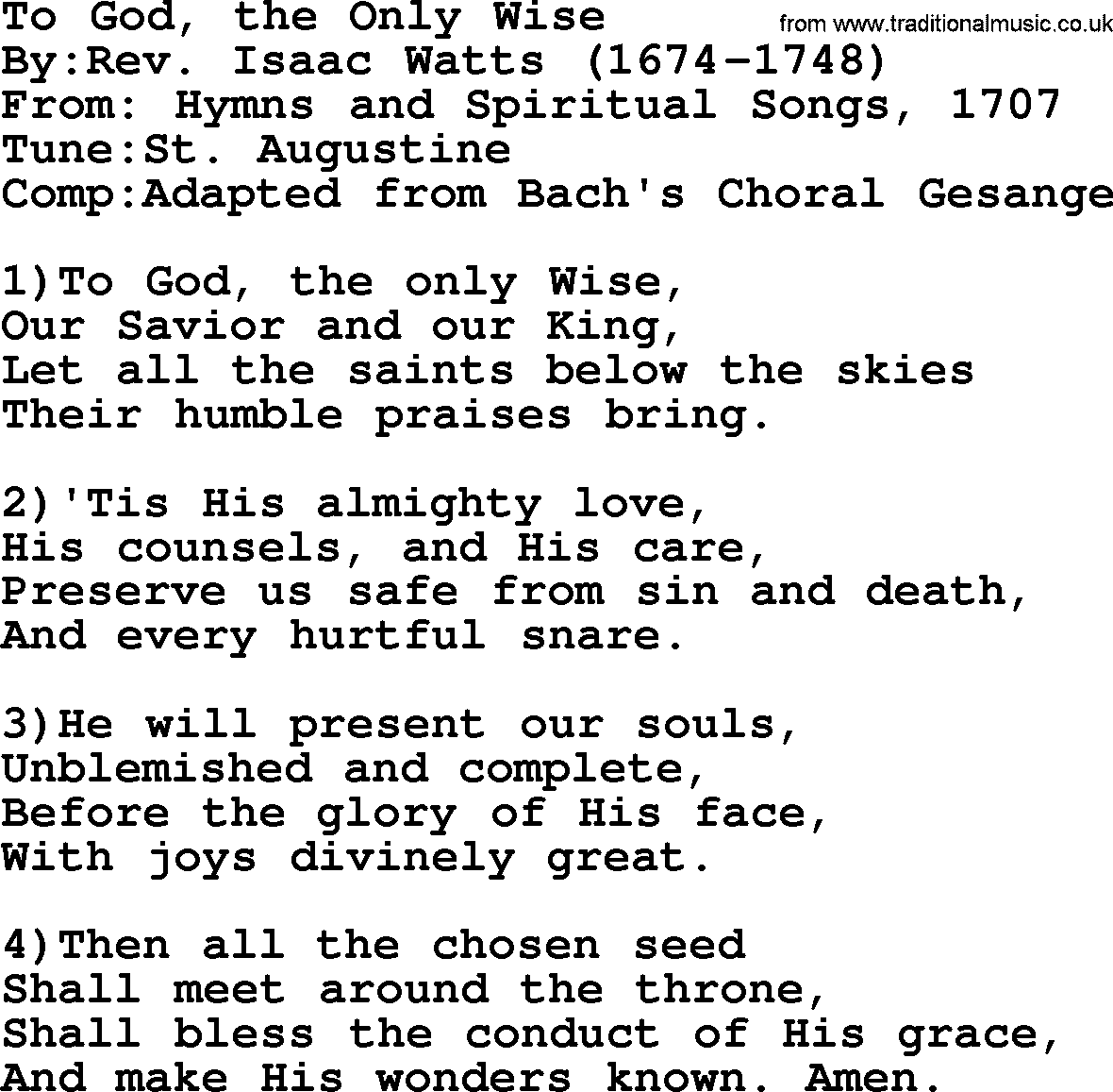 Methodist Hymn: To God, The Only Wise, lyrics