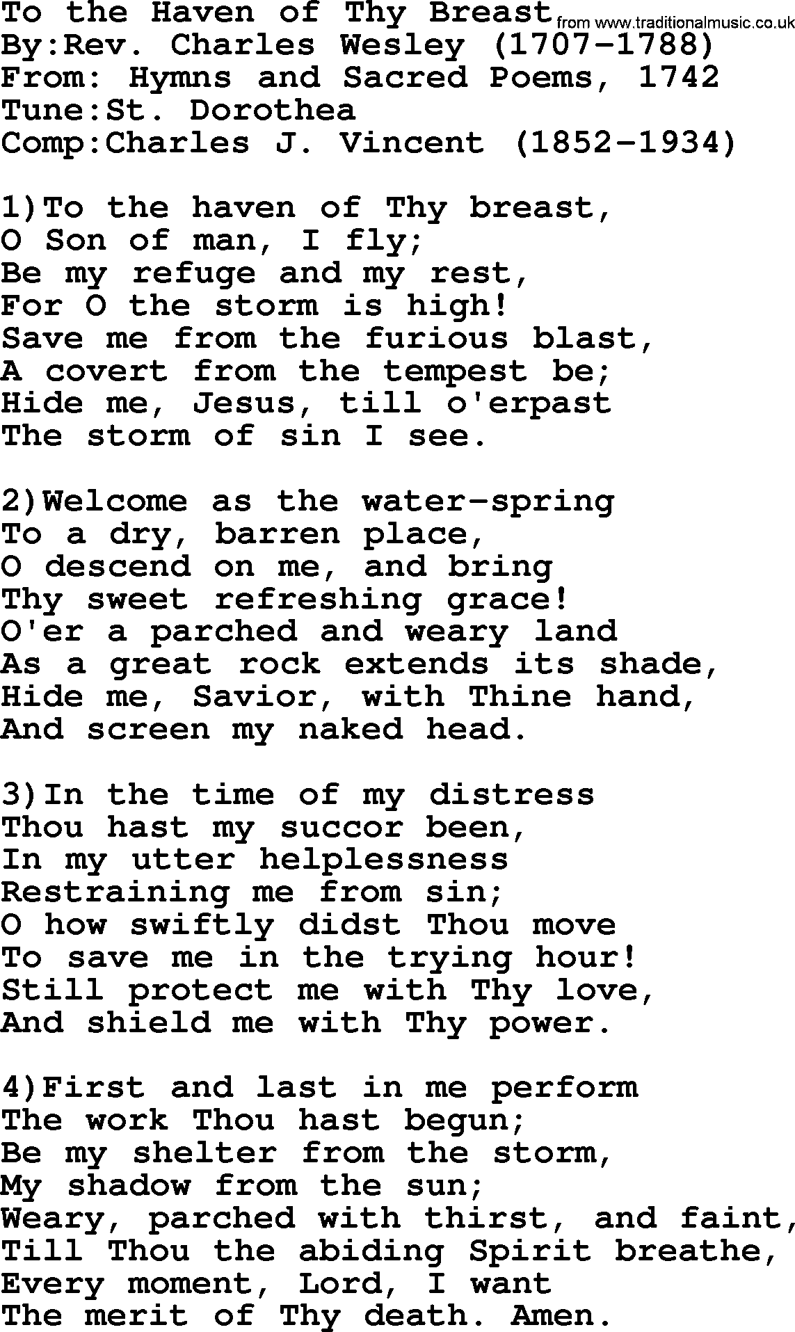 Methodist Hymn: To The Haven Of Thy Breast, lyrics