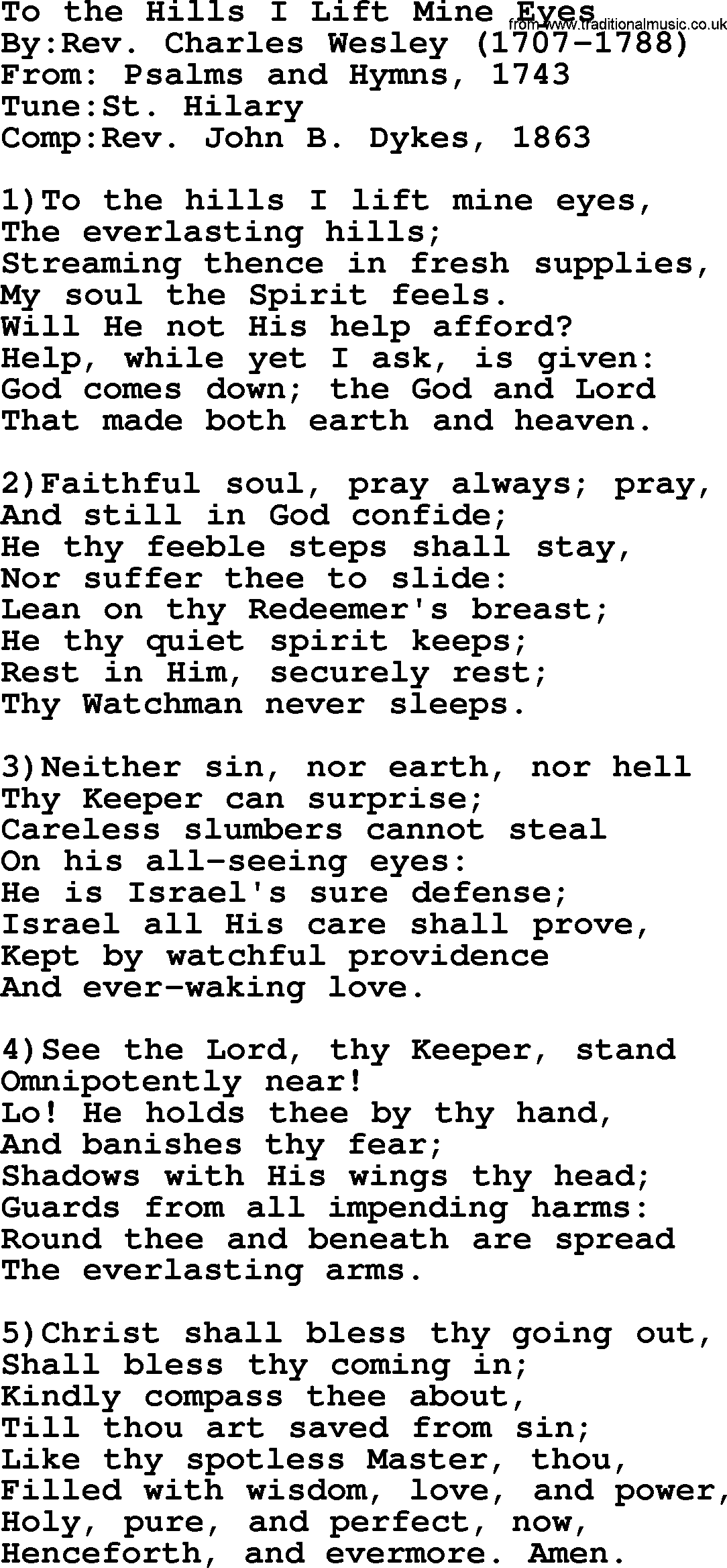 Methodist Hymn: To The Hills I Lift Mine Eyes, lyrics