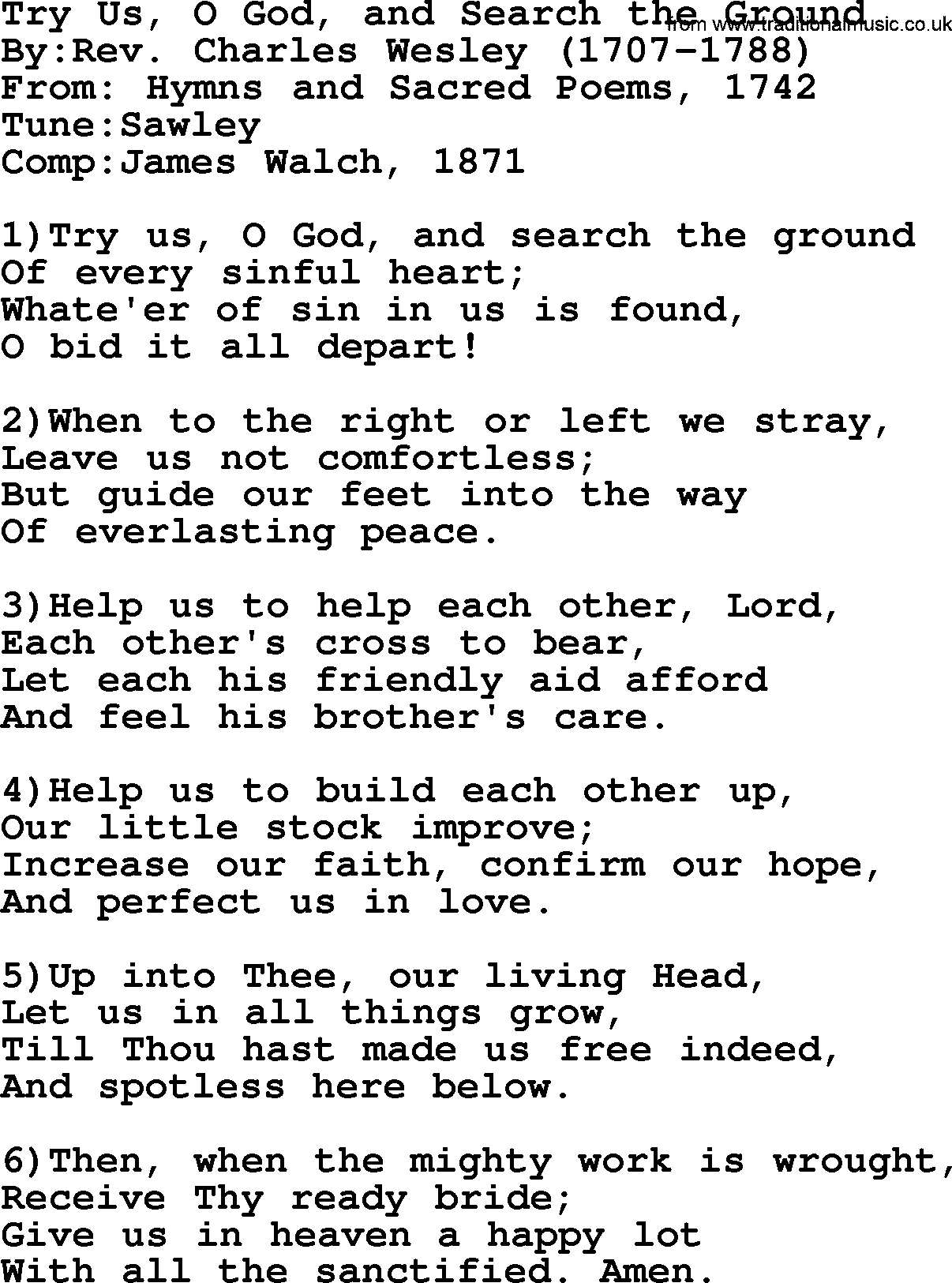 Methodist Hymn: Try Us, O God, And Search The Ground, lyrics