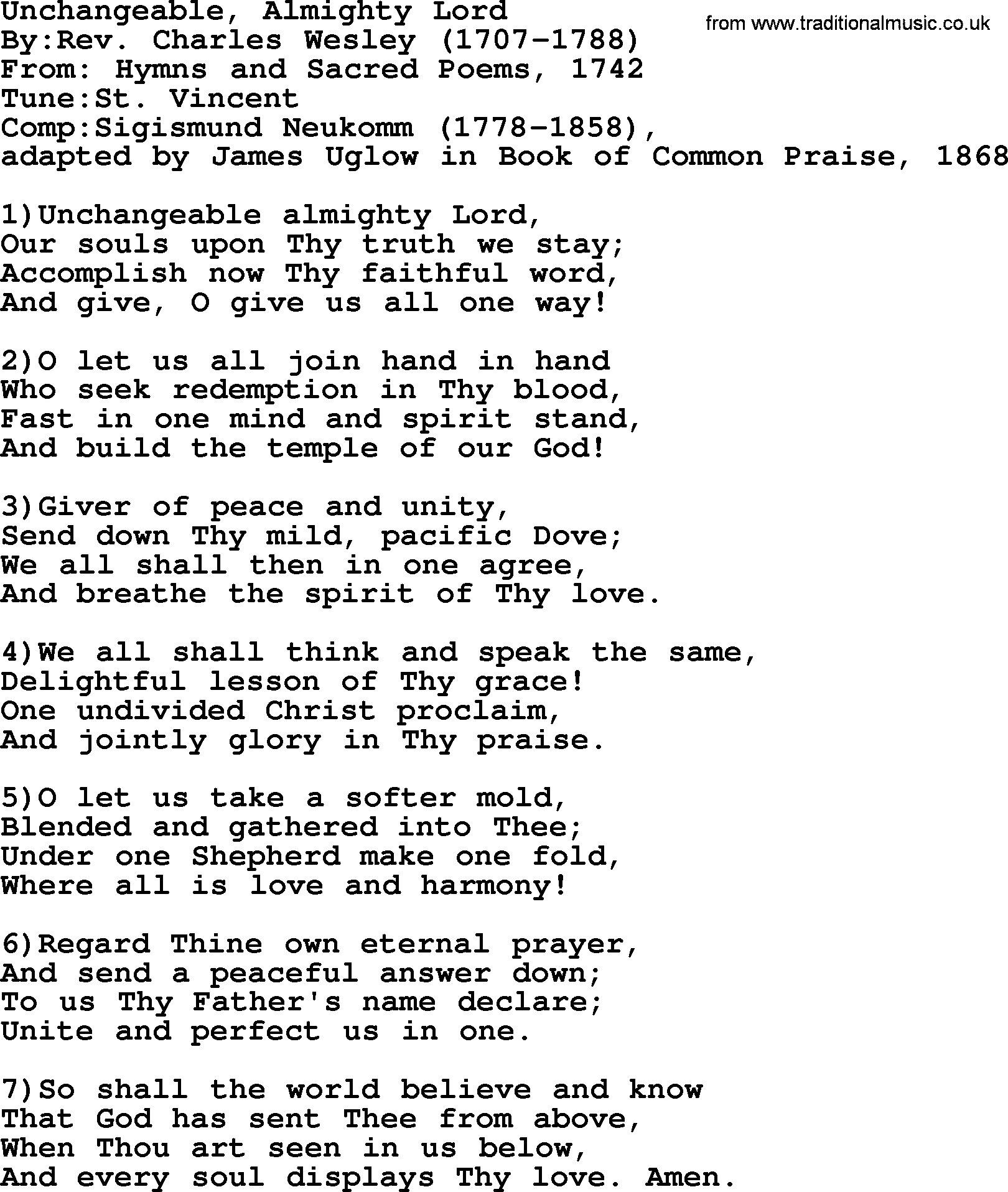 Methodist Hymn: Unchangeable, Almighty Lord, lyrics
