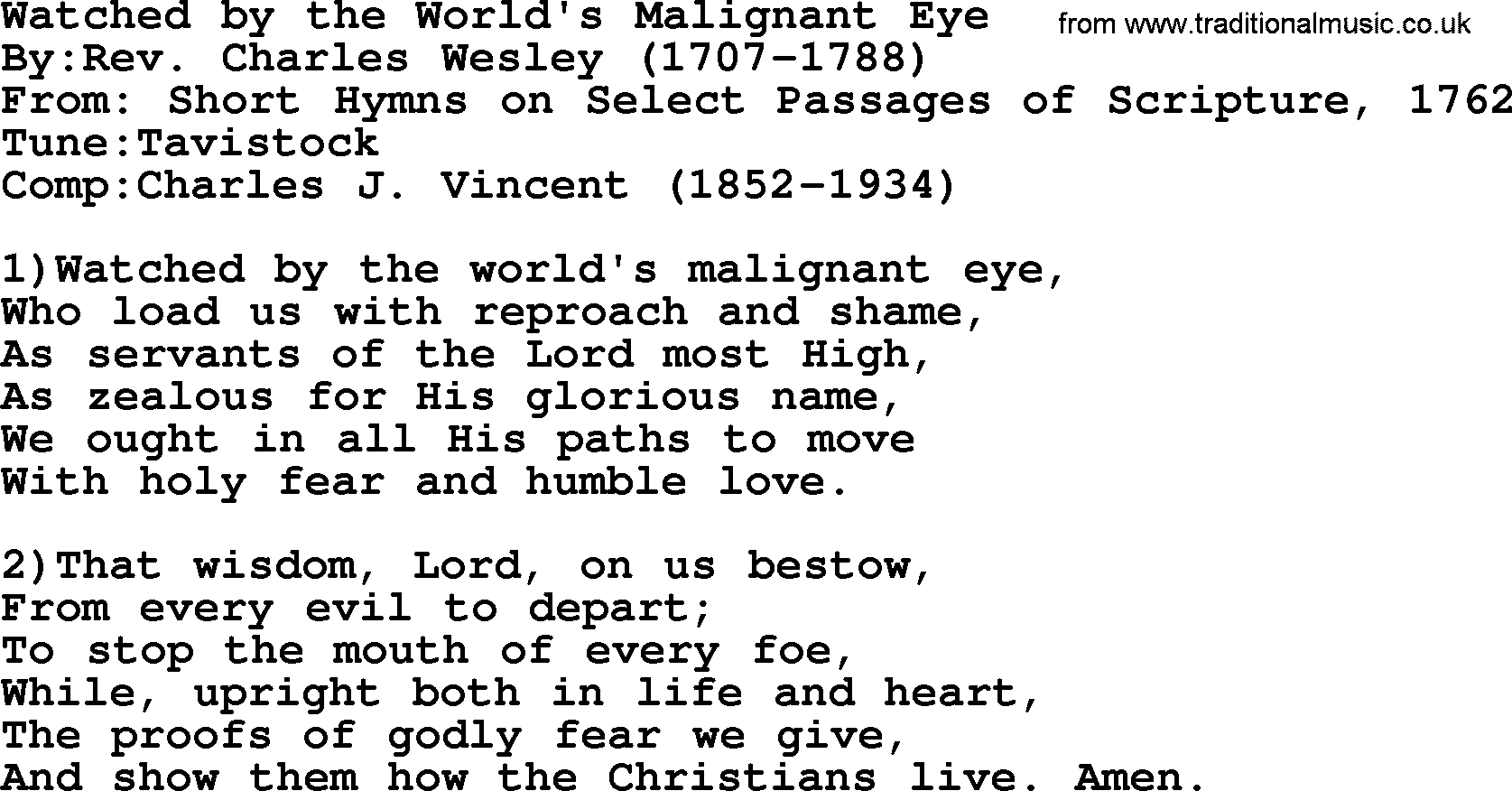 Methodist Hymn: Watched By The World's Malignant Eye, lyrics