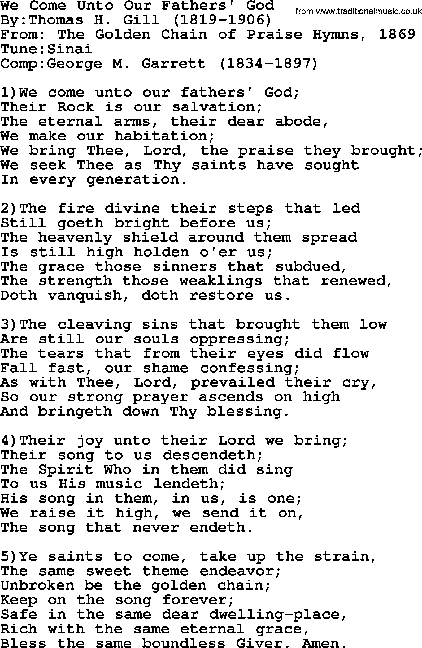Methodist Hymn: We Come Unto Our Fathers' God, lyrics