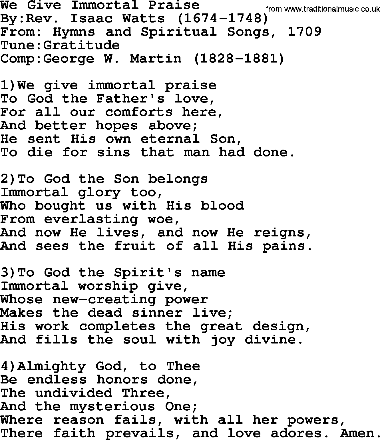 Methodist Hymn: We Give Immortal Praise, lyrics