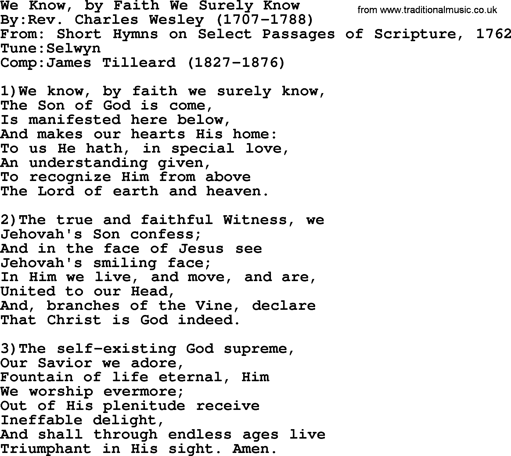 Methodist Hymn: We Know, By Faith We Surely Know, lyrics