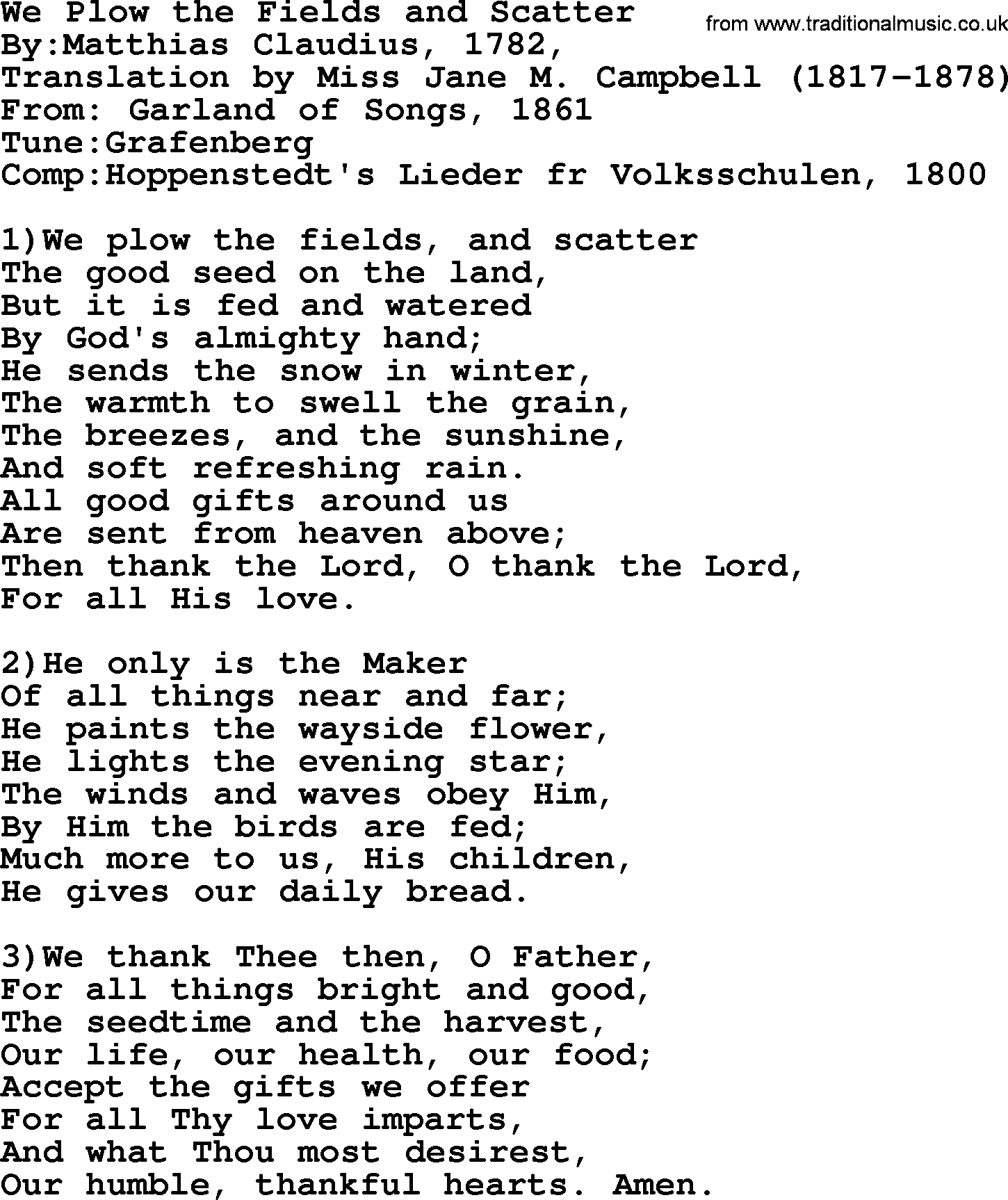 Methodist Hymn: We Plow The Fields And Scatter, lyrics