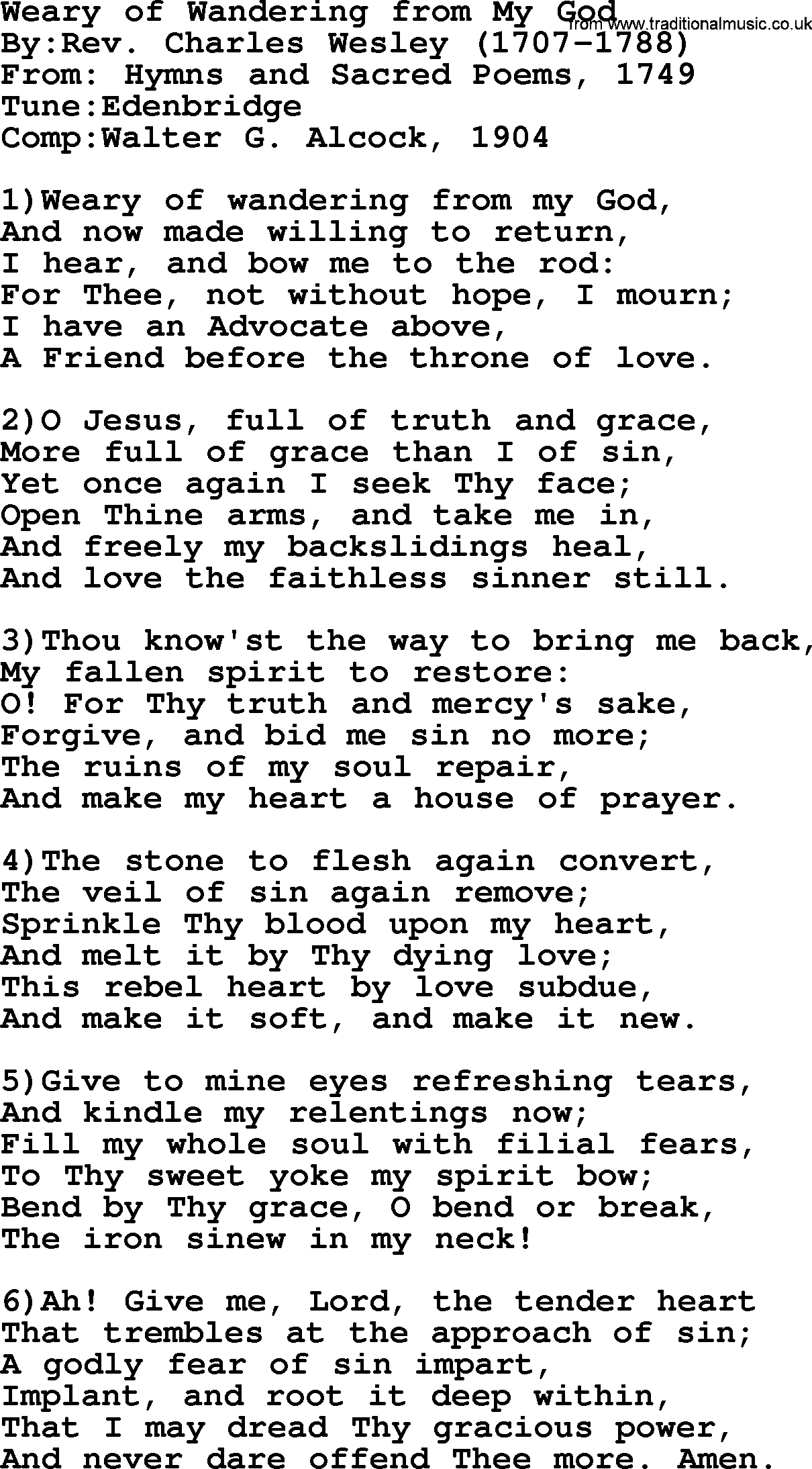 Methodist Hymn: Weary Of Wandering From My God, lyrics
