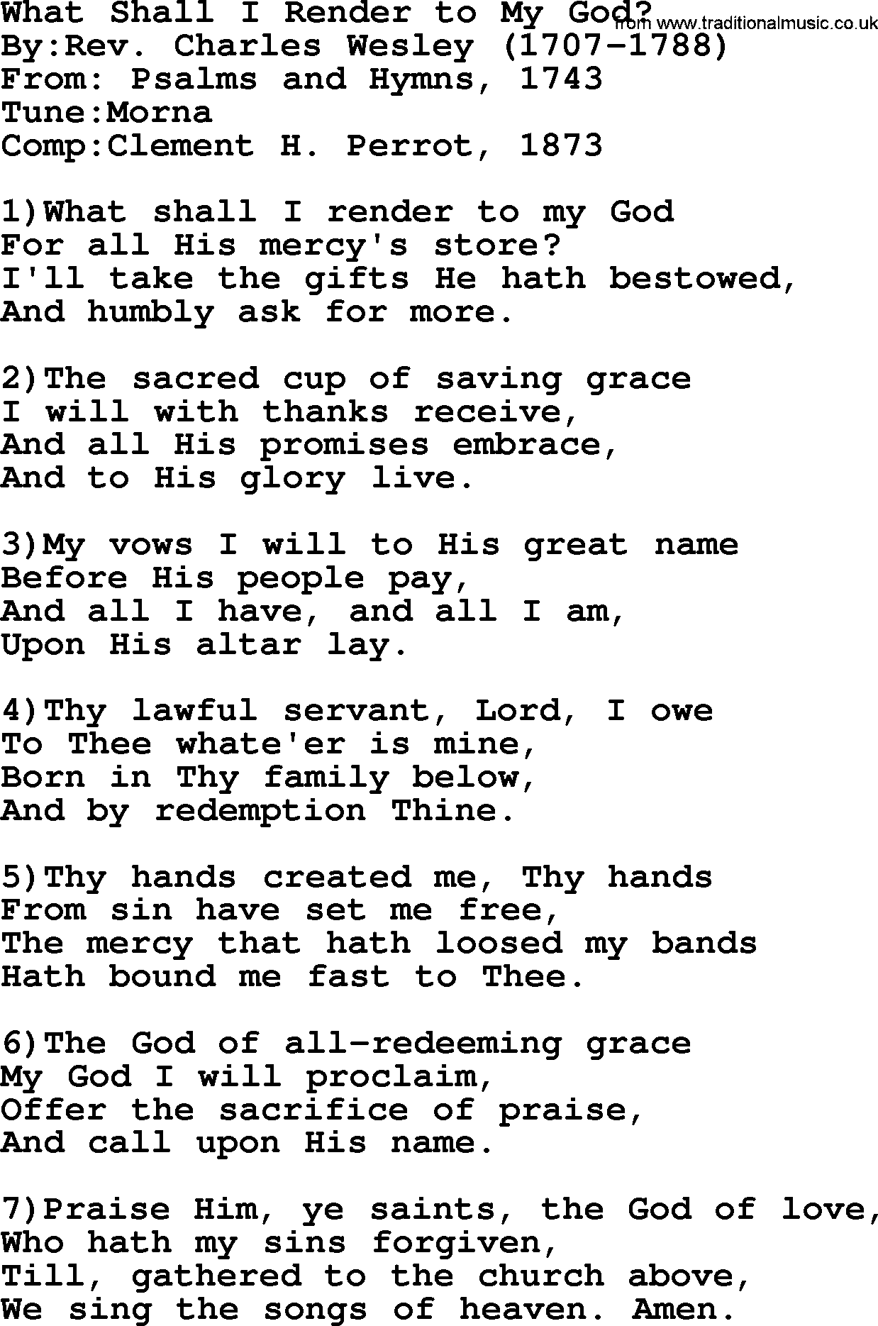 Methodist Hymn: What Shall I Render To My God, lyrics