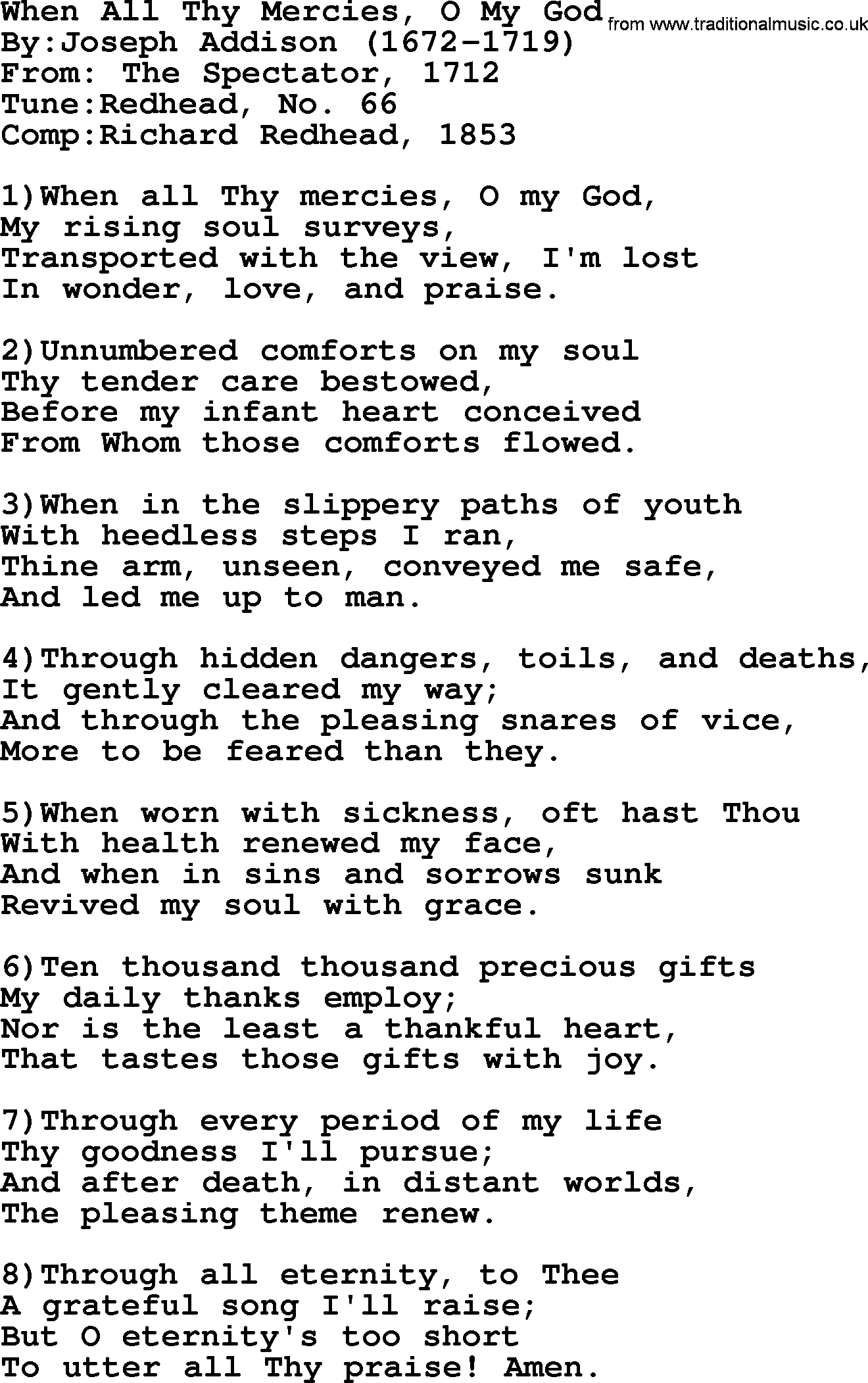 Methodist Hymn: When All Thy Mercies, O My God, lyrics