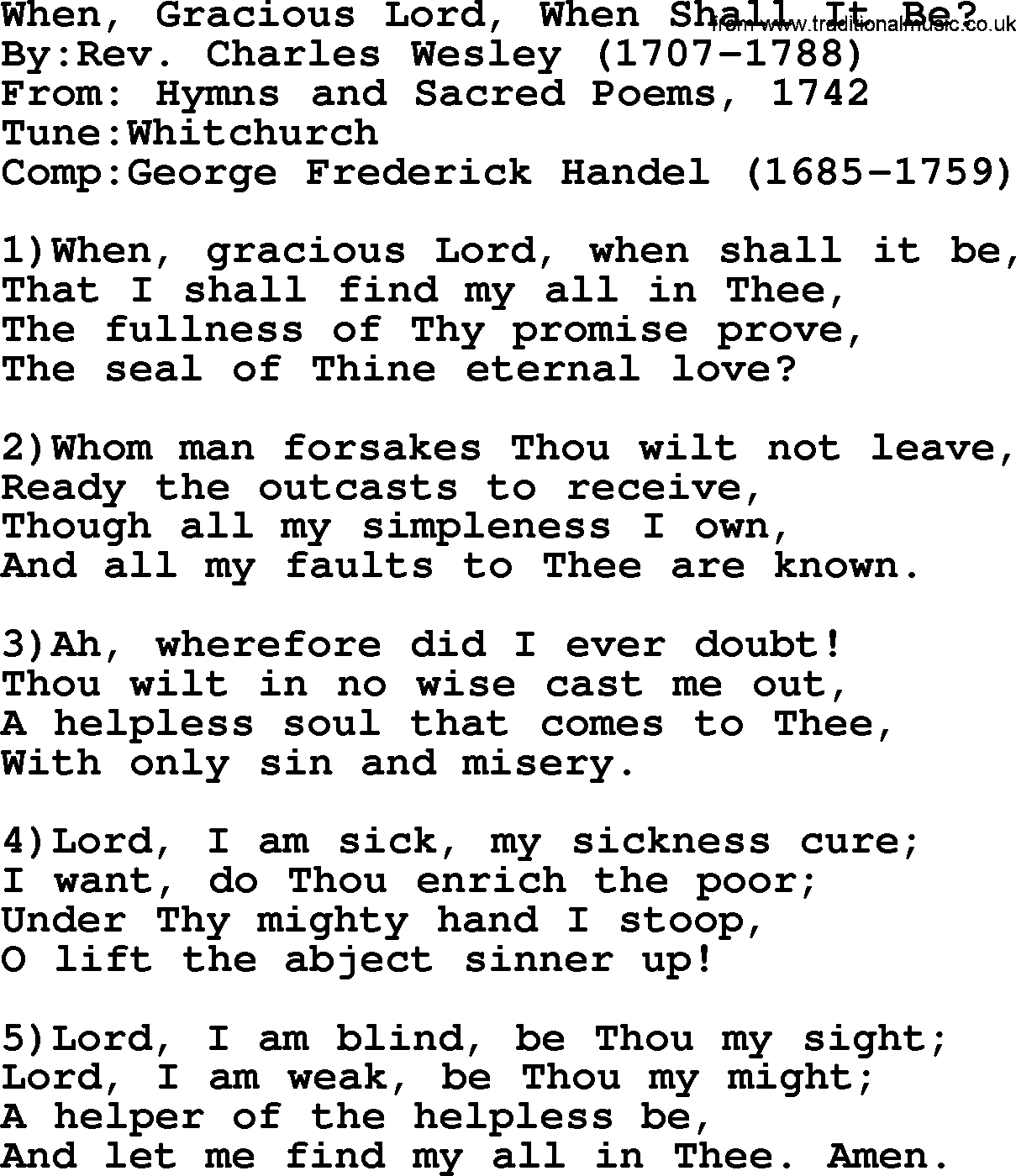 Methodist Hymn: When, Gracious Lord, When Shall It Be, lyrics