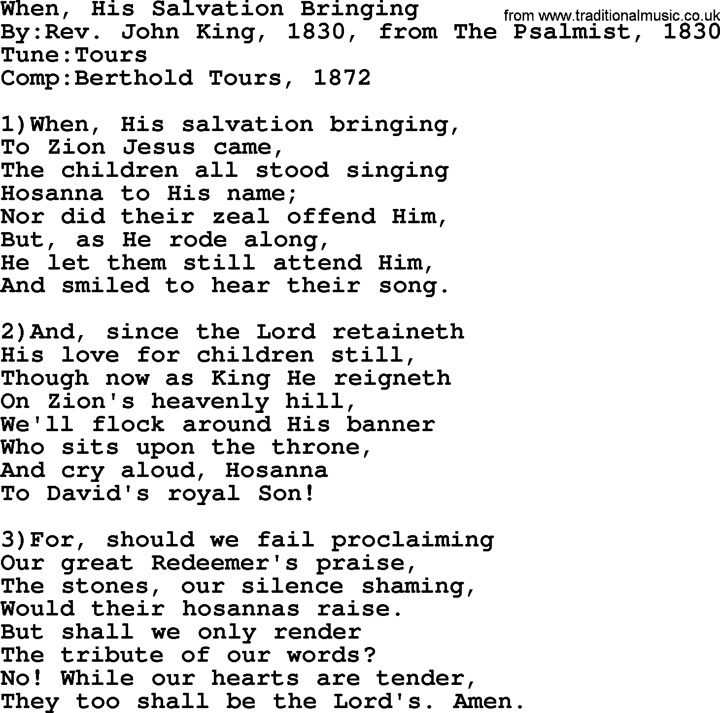 Methodist Hymn: When, His Salvation Bringing, lyrics