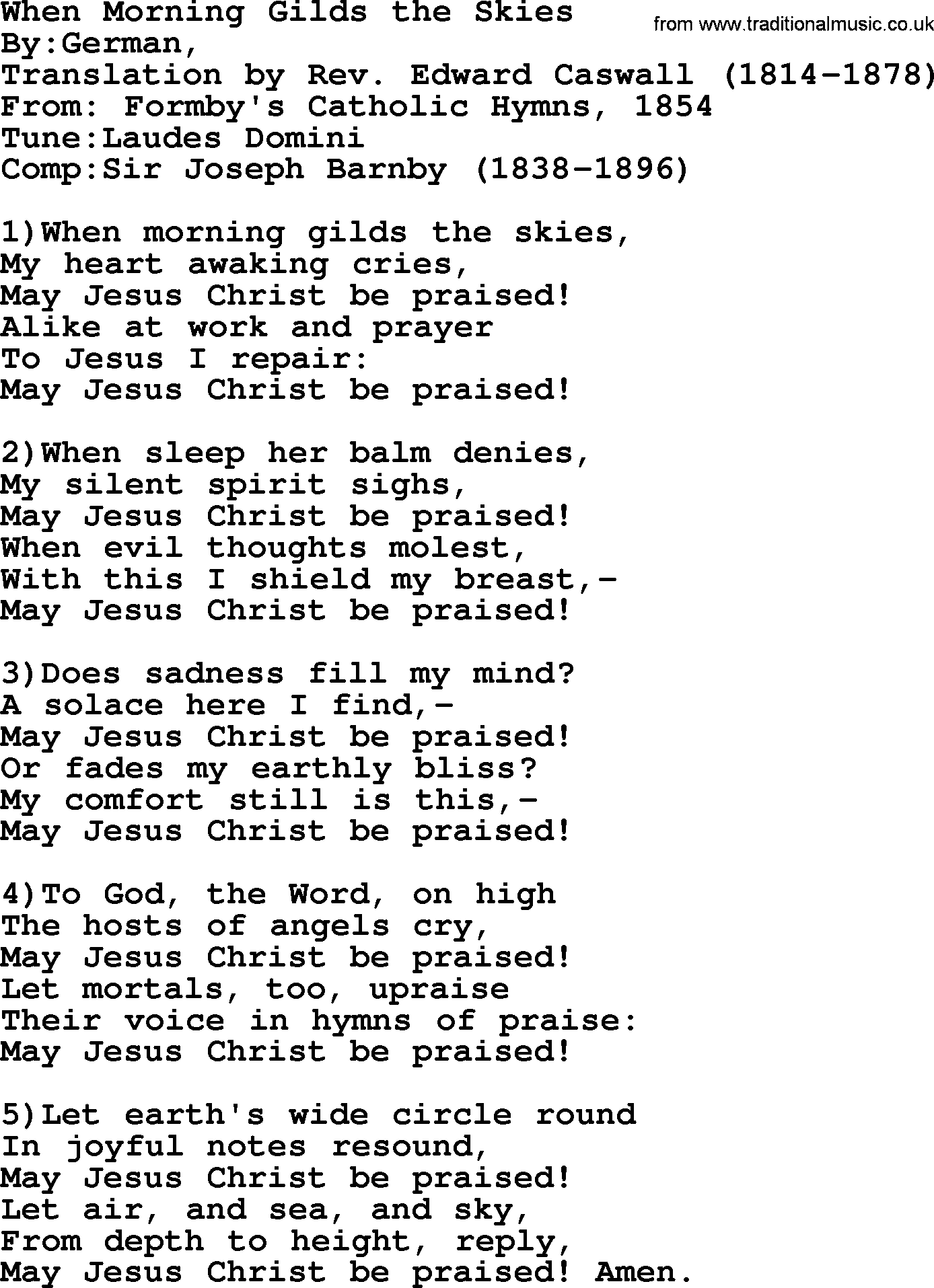 Methodist Hymn: When Morning Gilds The Skies, lyrics
