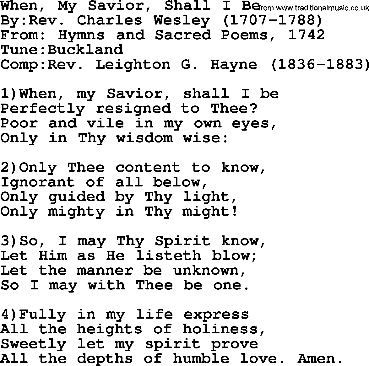 Methodist Hymn: When, My Savior, Shall I Be, lyrics